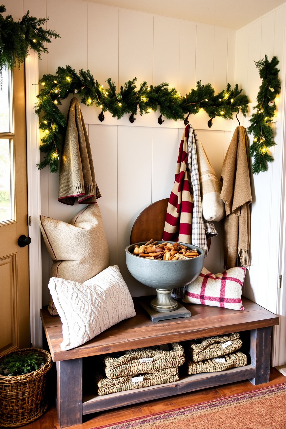 A cozy mudroom adorned for Christmas features a rustic bench with plush cushions and a large potpourri bowl filled with seasonal scents like cinnamon and pine. Festive garlands drape over the hooks, and twinkling fairy lights illuminate the space, creating a warm and inviting atmosphere.