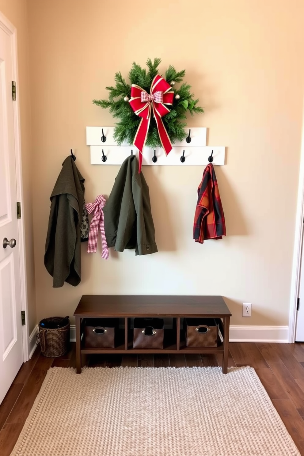 A beautifully decorated coat rack adorned with festive bows in a cozy mudroom. The walls are painted in a warm neutral tone, and the floor is covered with a textured rug, creating an inviting atmosphere for holiday guests.