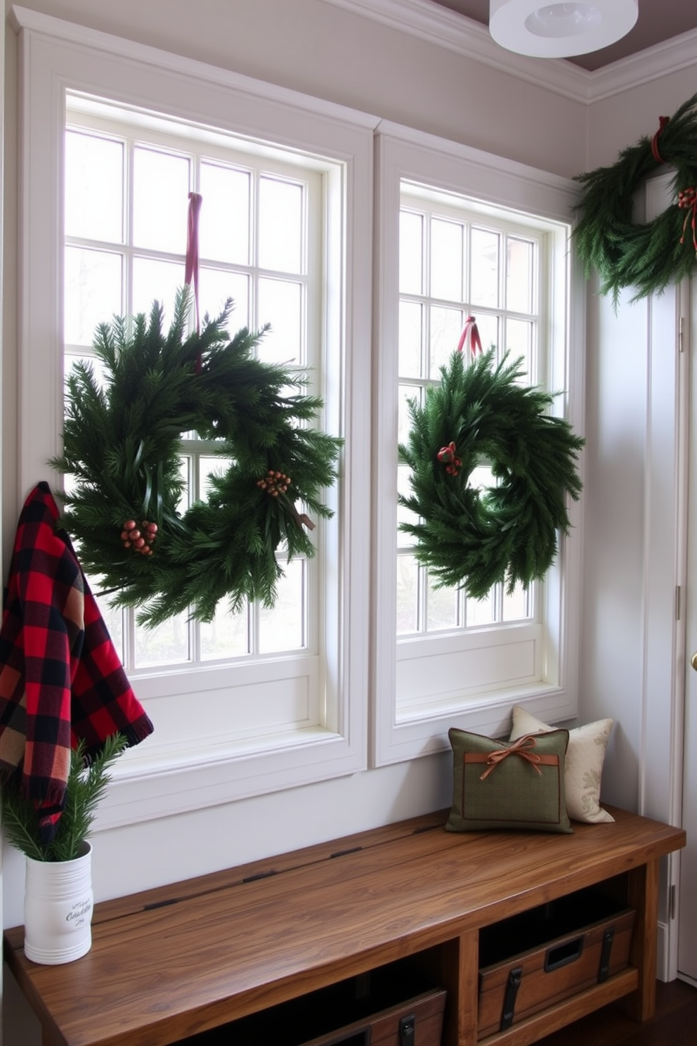 A cozy mudroom adorned for Christmas features pine wreaths gracefully hung on the windows. The space is filled with rustic charm, showcasing a wooden bench and storage for winter gear, all complemented by festive decorations.