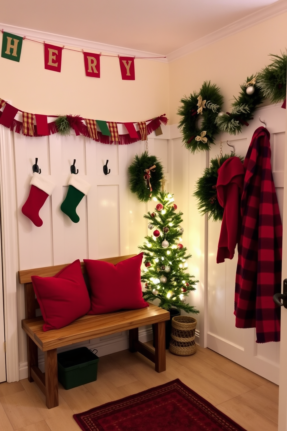 A cozy mudroom decorated for Christmas. Festive banners strung across the walls in vibrant colors create a cheerful atmosphere. A rustic wooden bench is adorned with plush red and green cushions. Stockings are hung from hooks, and a small Christmas tree sits in the corner, twinkling with lights.