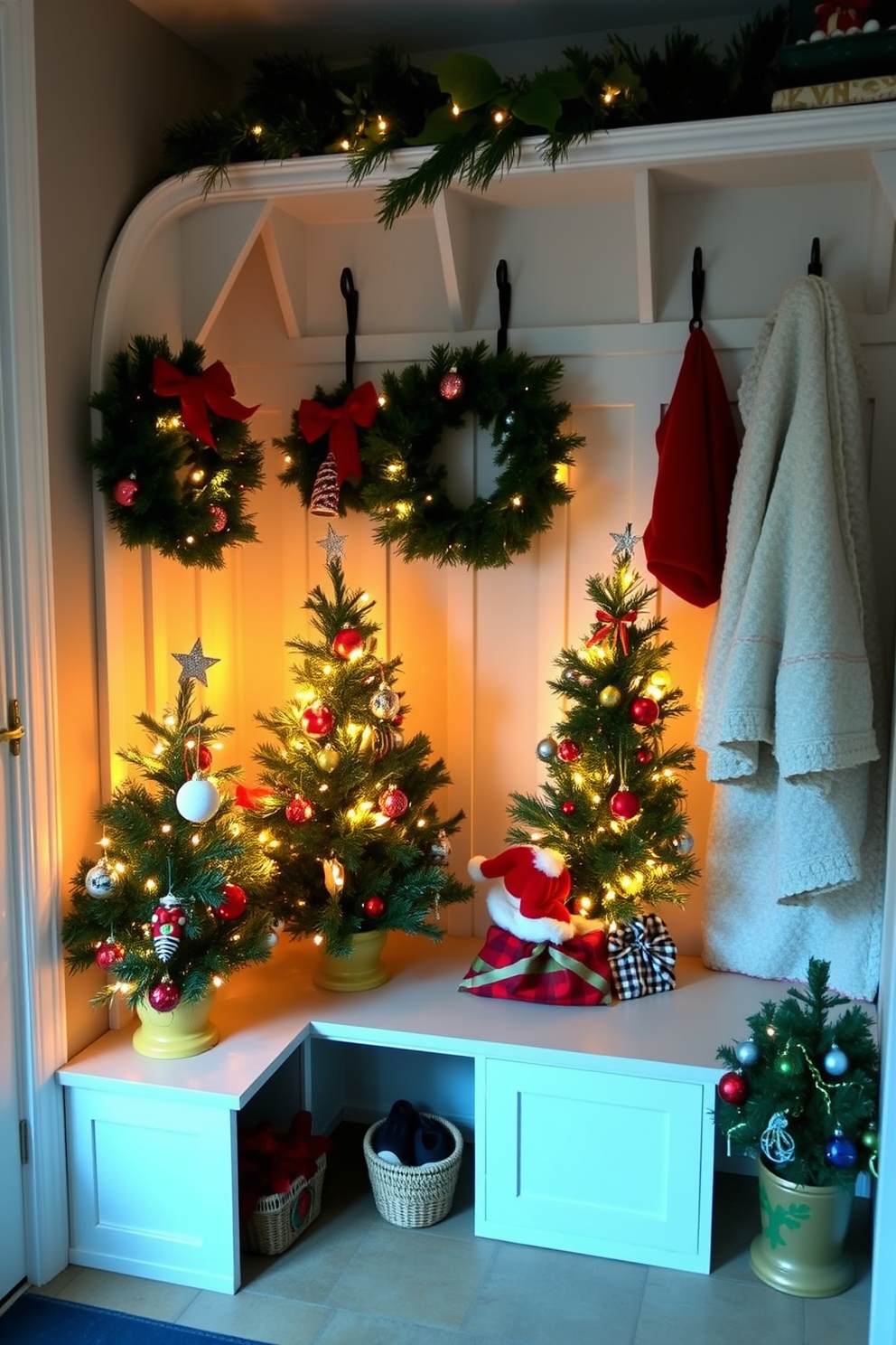 A cozy mudroom adorned with miniature Christmas trees nestled in the corners. The trees are decorated with twinkling lights and colorful ornaments, creating a festive atmosphere.