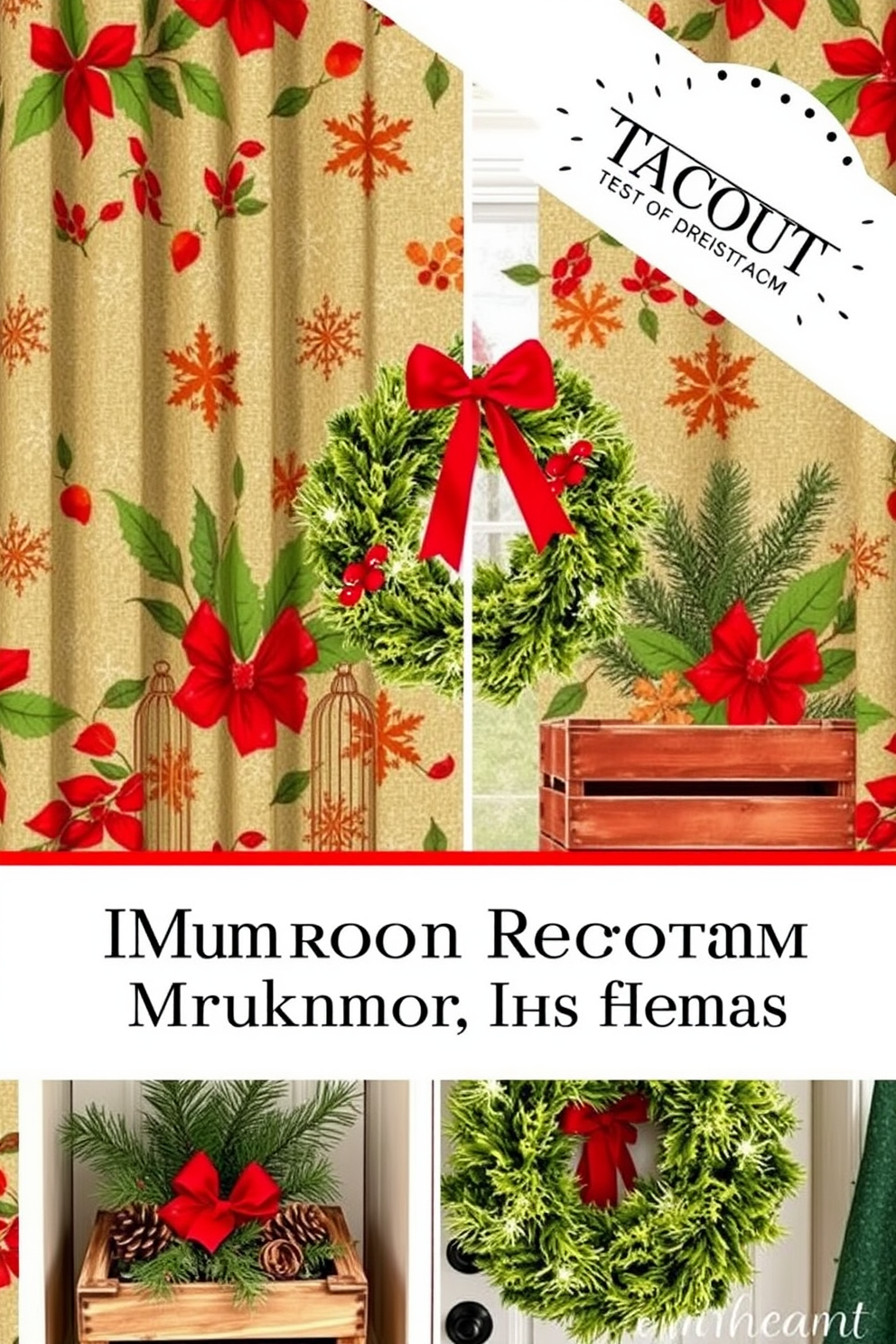 Holiday-themed fabric for curtains. The fabric features a festive pattern of snowflakes and holly leaves in vibrant red and green tones, perfect for adding a seasonal touch to any room. Mudroom Christmas Decorating Ideas. Incorporate rustic elements such as wooden crates filled with pine cones and evergreen branches, along with a cheerful wreath hung on the door to create a warm and inviting entryway.