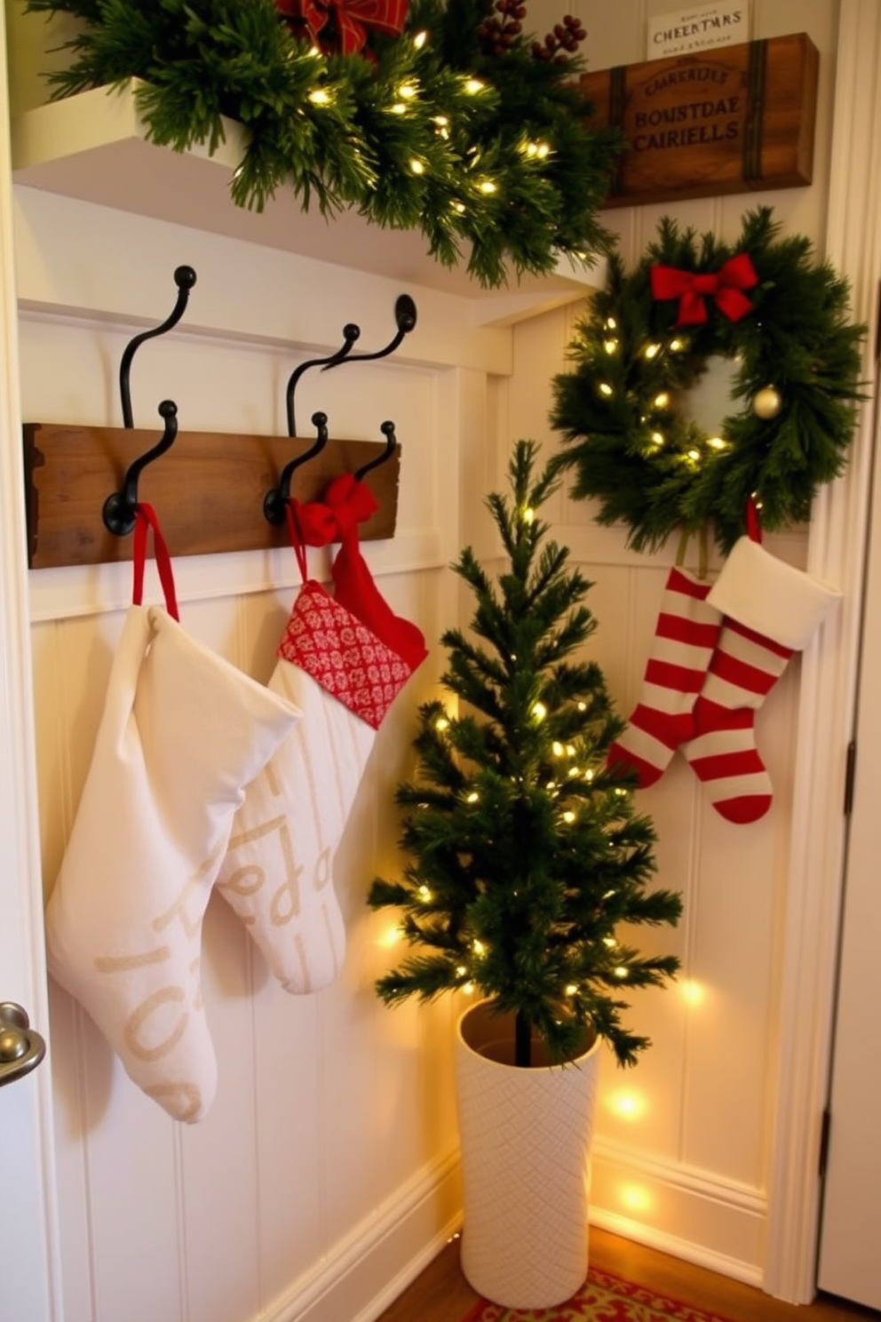 A cozy mudroom adorned for Christmas features stockings hung on rustic coat hooks. The space is filled with festive decorations, including a small evergreen tree and twinkling fairy lights.