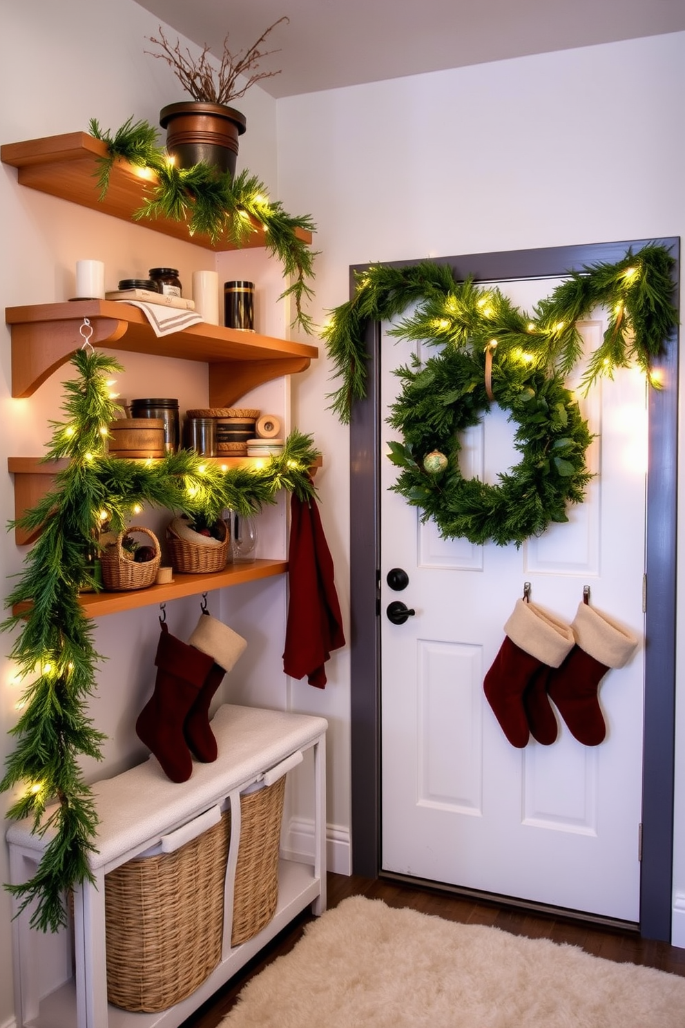 Natural greenery garlands drape elegantly along wooden shelves, adding a touch of freshness and warmth to the space. The shelves are adorned with rustic decor items, creating a cozy and inviting atmosphere. For Christmas, the mudroom is transformed with festive decorations, featuring a charming wreath on the door and twinkling string lights. Stockings hang from hooks, and a plush rug adds comfort underfoot, enhancing the holiday spirit.