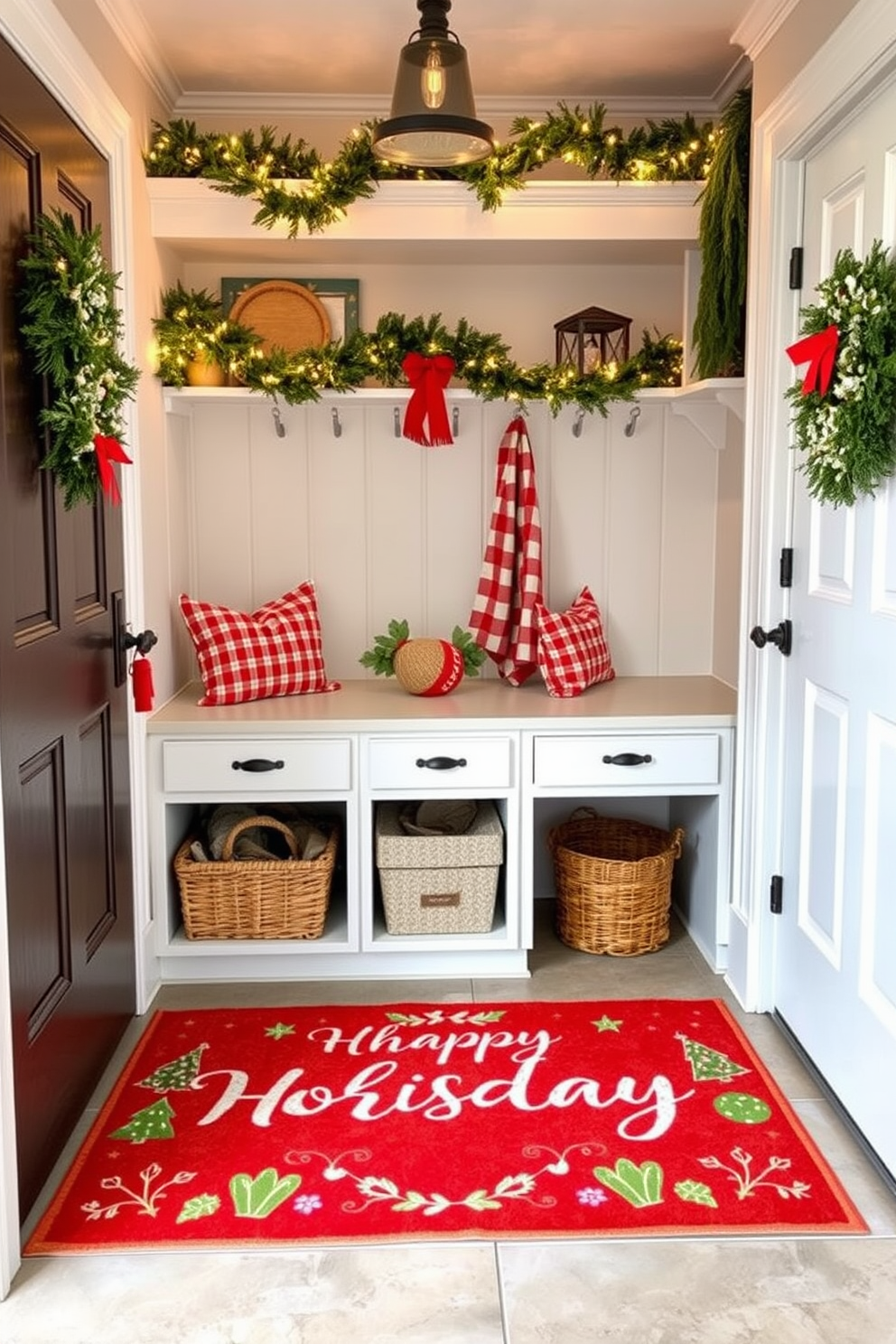 A festive welcome mat featuring a cheerful holiday message greets guests at the entrance. The mat is adorned with vibrant colors and seasonal motifs, creating a warm and inviting atmosphere. The mudroom is decorated with Christmas-themed accents, including garlands and twinkling lights. Cozy storage solutions are enhanced with festive touches, making the space both functional and charming for the holidays.