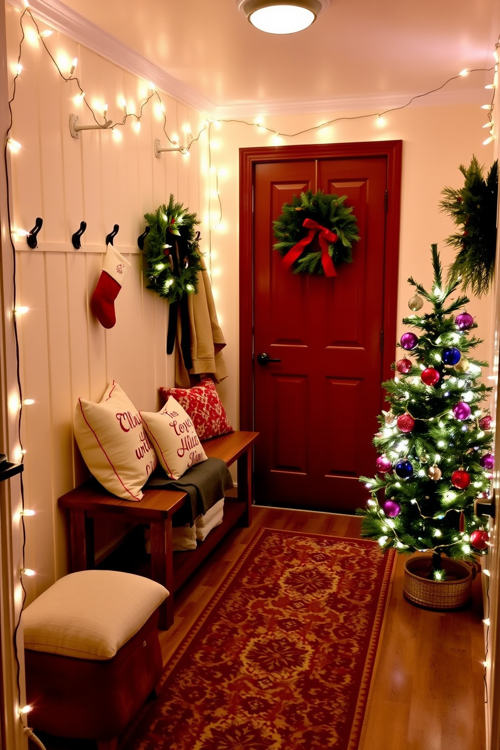 A cozy mudroom adorned with string lights creating a warm and inviting glow. The walls are painted in a soft cream color, and a rustic wooden bench is positioned against one side, decorated with festive pillows and a throw blanket. On the floor, a patterned rug adds texture while a small Christmas tree sits in the corner, adorned with twinkling lights and colorful ornaments. Stockings hang from hooks on the wall, and a wreath made of pine branches is displayed on the door, enhancing the holiday spirit.