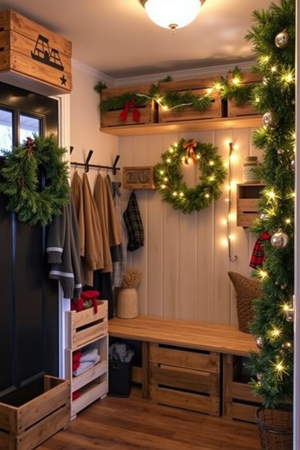 A cozy mudroom adorned with rustic wooden crates for storage. The crates are stacked against the wall, filled with winter gear and decorative accents, creating an inviting and organized space. Festive Christmas decorations bring warmth and charm to the mudroom. A wreath made of pine branches hangs on the door, while string lights illuminate the area, enhancing the holiday spirit.