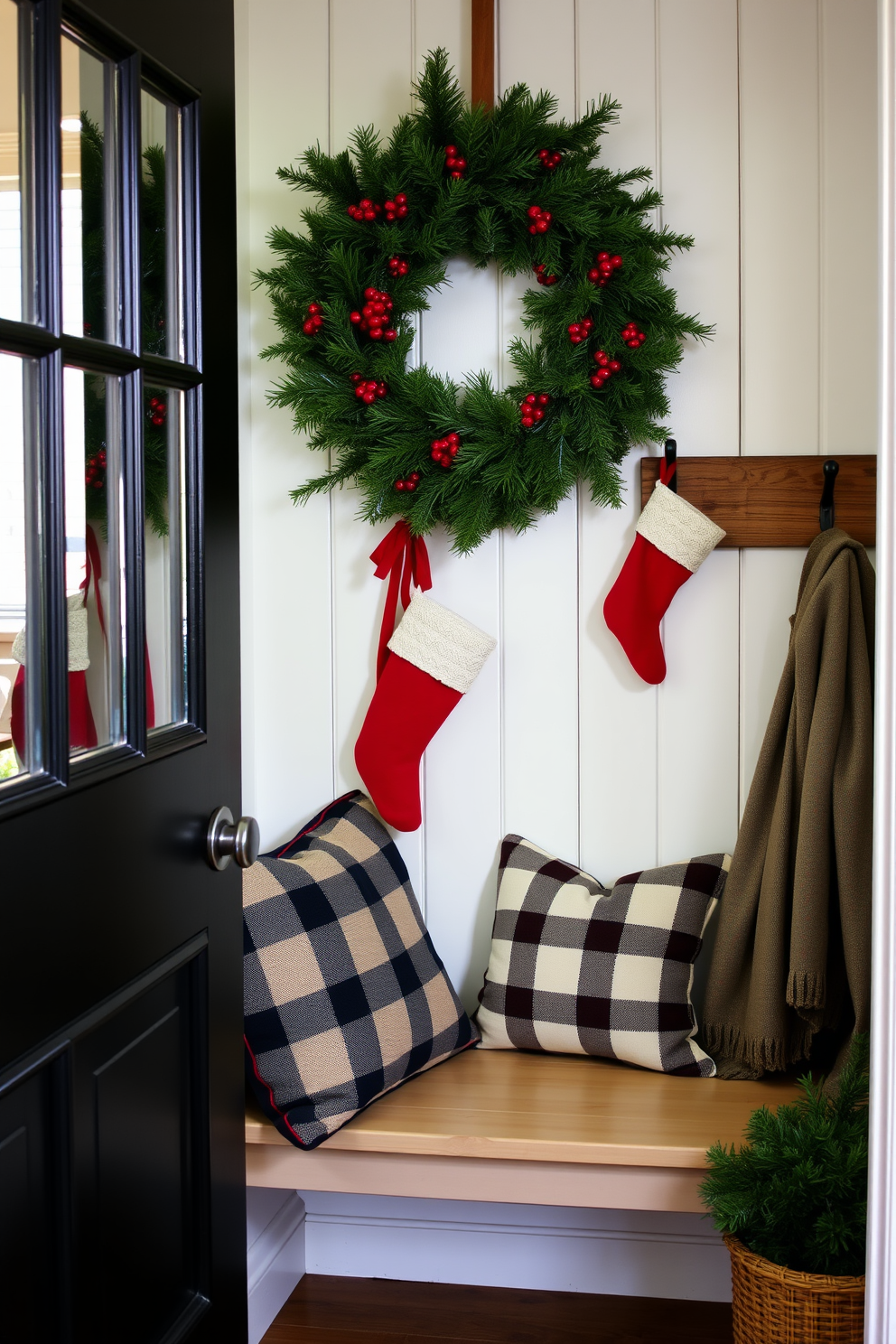 A charming mudroom adorned for Christmas. A beautiful wreath made of fresh pine and red berries hangs on the door, welcoming guests with festive cheer. Inside the mudroom, a cozy bench is lined with plaid throw pillows. Stockings are hung on a rustic hook, adding a touch of holiday spirit to the space.