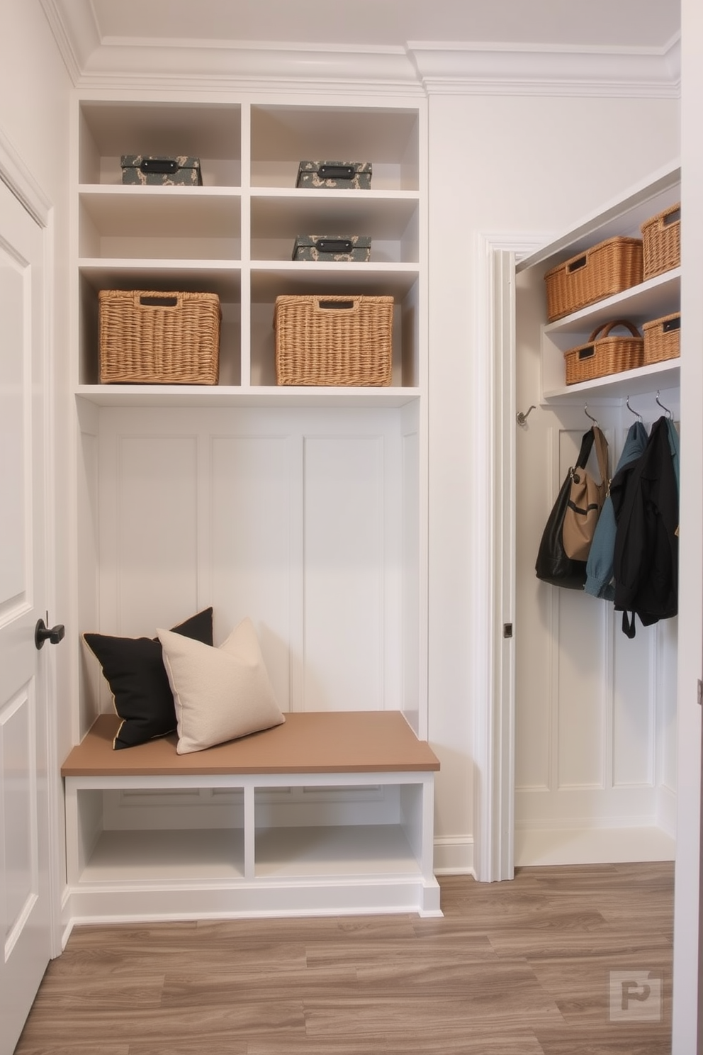 Open shelving is designed for easy access and organization, featuring a mix of baskets and decorative boxes for storage. The walls are painted in a light neutral color, and a bench with cushions is placed below the shelves for comfort and functionality. The mudroom closet combines practicality and style, showcasing built-in hooks for coats and bags. A durable floor with a textured finish complements the overall design, ensuring it withstands heavy use while remaining visually appealing.