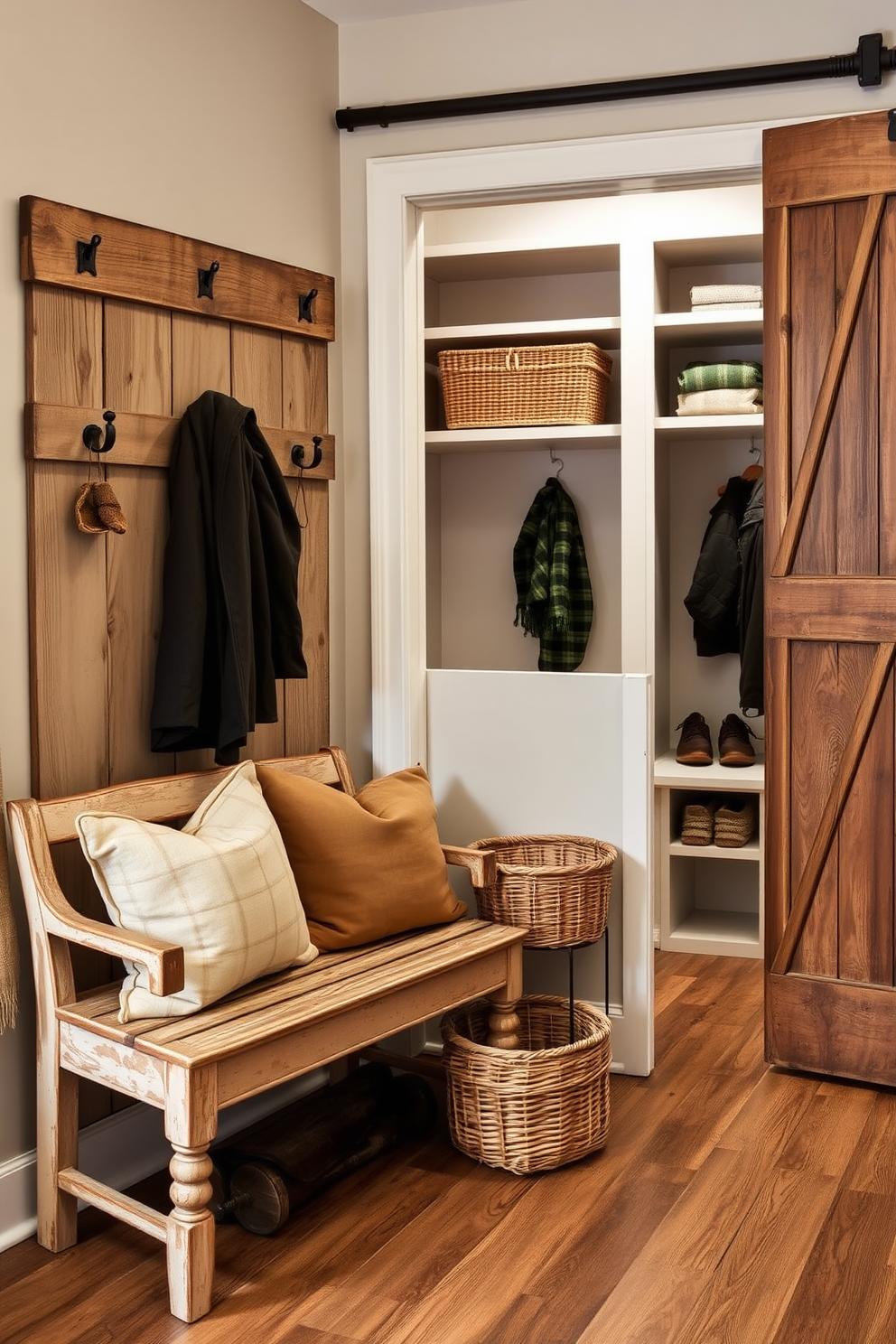 A vintage bench with a weathered finish sits against the wall, adorned with plush cushions in earthy tones. The bench is flanked by rustic hooks for coats and a woven basket for shoes, creating a warm and inviting mudroom space. The closet features sliding barn doors made of reclaimed wood, enhancing the rustic aesthetic. Inside, open shelving and cubbies provide organized storage for outdoor gear and accessories, ensuring functionality meets style.