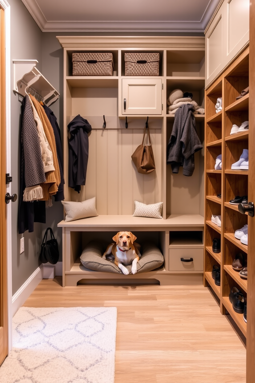 A cozy mudroom featuring an integrated dog bed that blends seamlessly with the decor. The dog bed is situated beneath a built-in bench, surrounded by stylish hooks for coats and a storage cabinet for shoes. The closet design incorporates ample shelving and cubbies for organization. Soft lighting illuminates the space, highlighting the warm wood tones and a welcoming color palette.