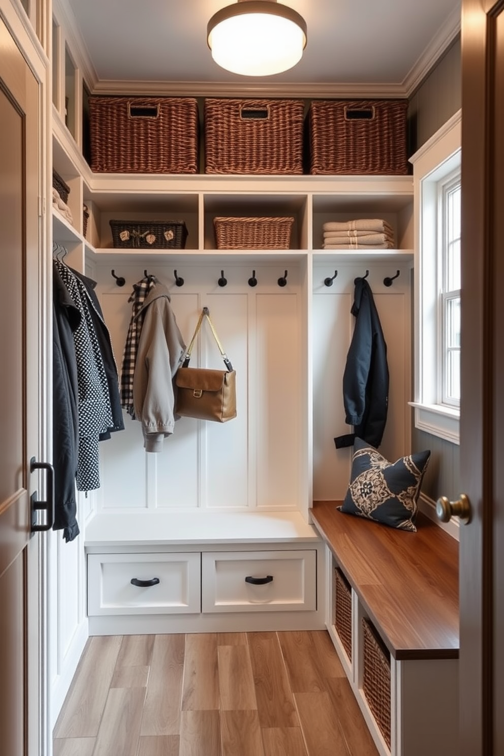 A spacious mudroom featuring floor-to-ceiling storage solutions. The closet is designed with built-in shelves and hooks for coats, while a bench with storage underneath provides a convenient seating area.