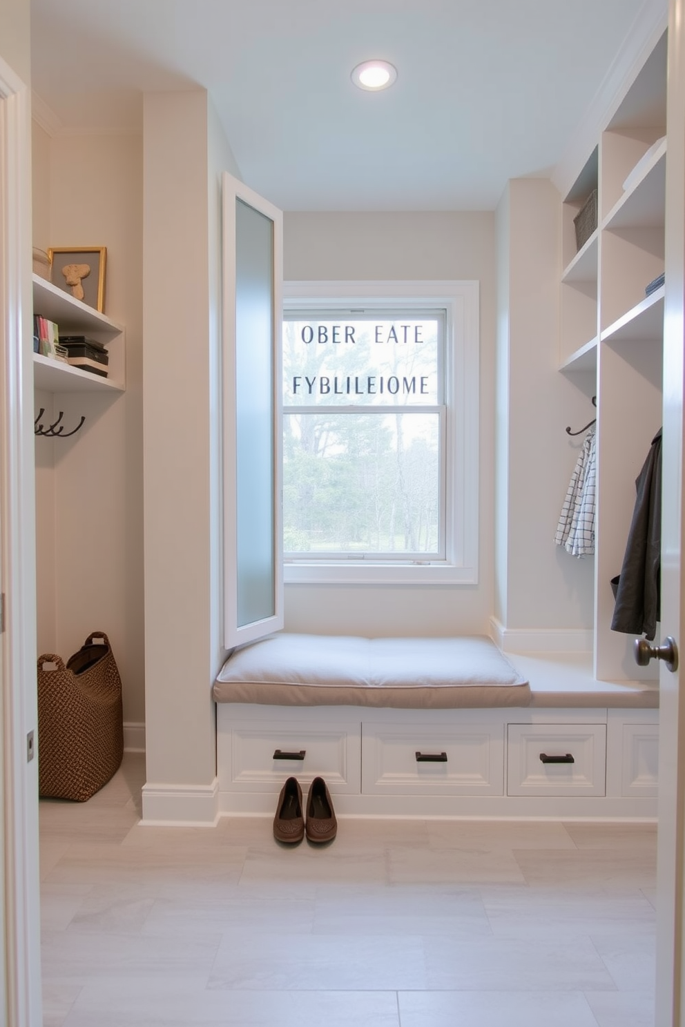 A serene mudroom featuring a spacious closet with built-in shelving and hooks for organization. The walls are painted in soft beige, and the floor is covered in a light gray tile for a clean and calming effect. The closet doors are made of frosted glass, allowing light to filter through while maintaining a sense of privacy. A bench with plush cushions sits below the window, providing a cozy spot for putting on shoes.