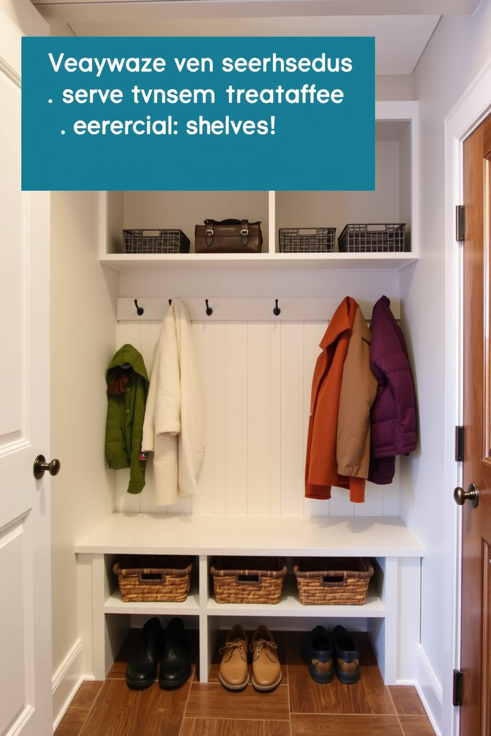 A functional mudroom closet designed for overhead storage of seasonal items. The space features built-in shelves above a bench, with hooks for coats and baskets for shoes below.