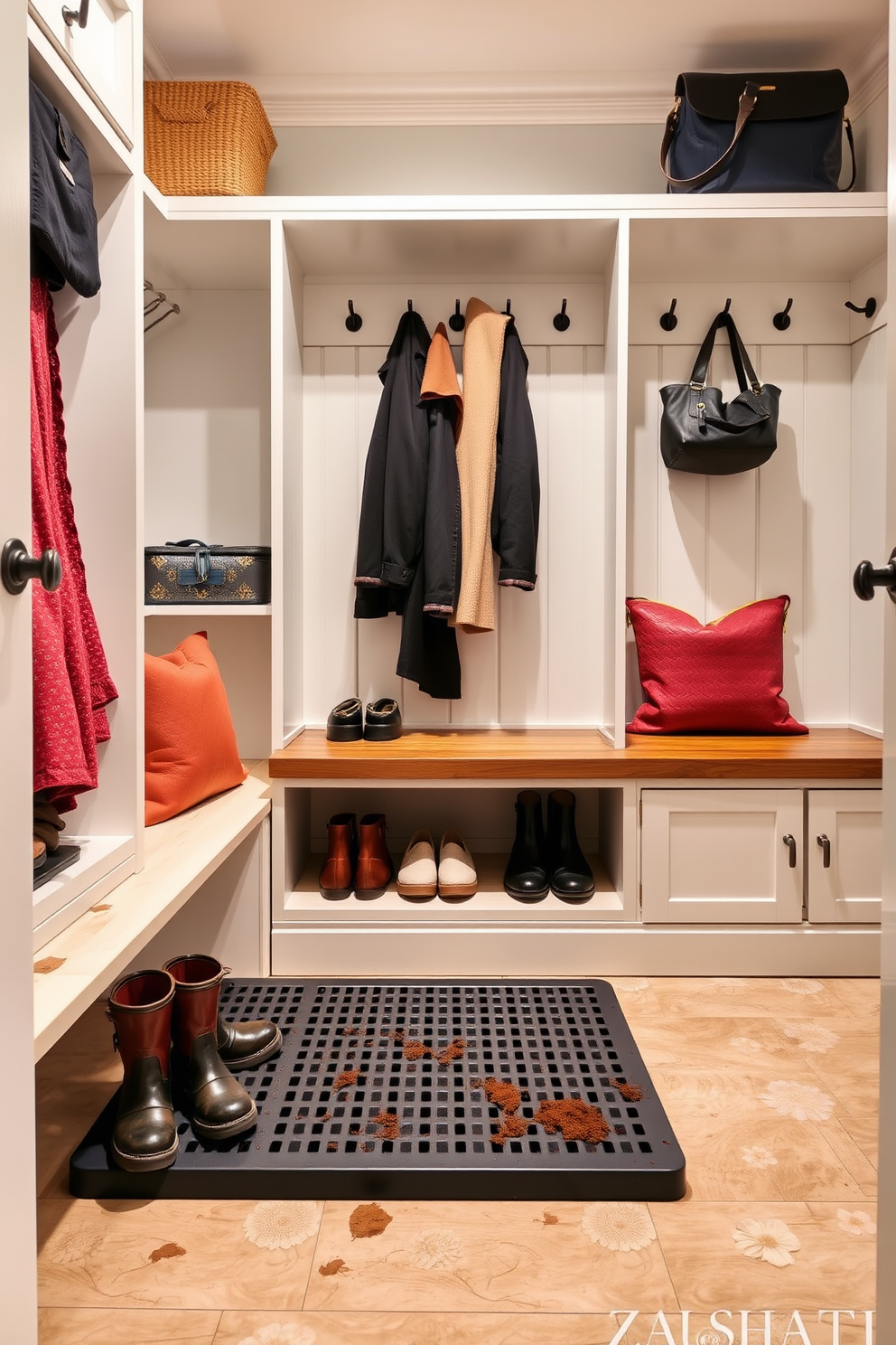 A functional mudroom featuring a stylish boot tray designed to catch dirt and water. The space includes built-in shelving for storage, with hooks for coats and bags, and a bench for easy seating while putting on shoes.