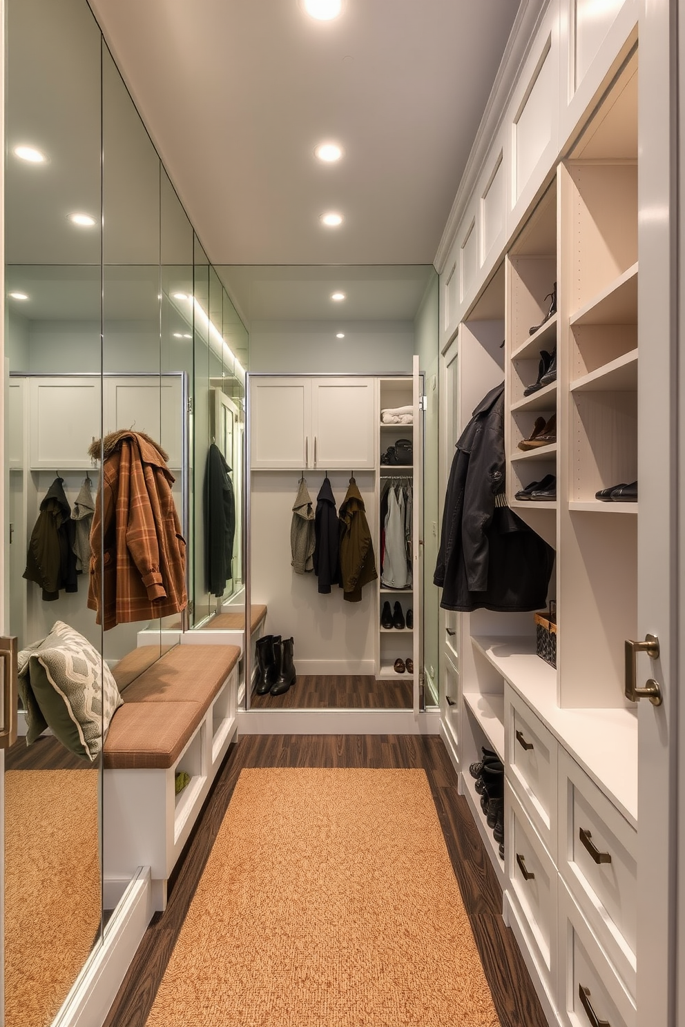 A mudroom featuring a mirrored wall that enhances the sense of space and light. The design includes built-in storage benches and hooks for coats, with a stylish rug underfoot for added warmth. The closet is designed with ample shelving for shoes and accessories, maximizing both functionality and organization. Soft lighting illuminates the space, creating an inviting atmosphere for entering the home.