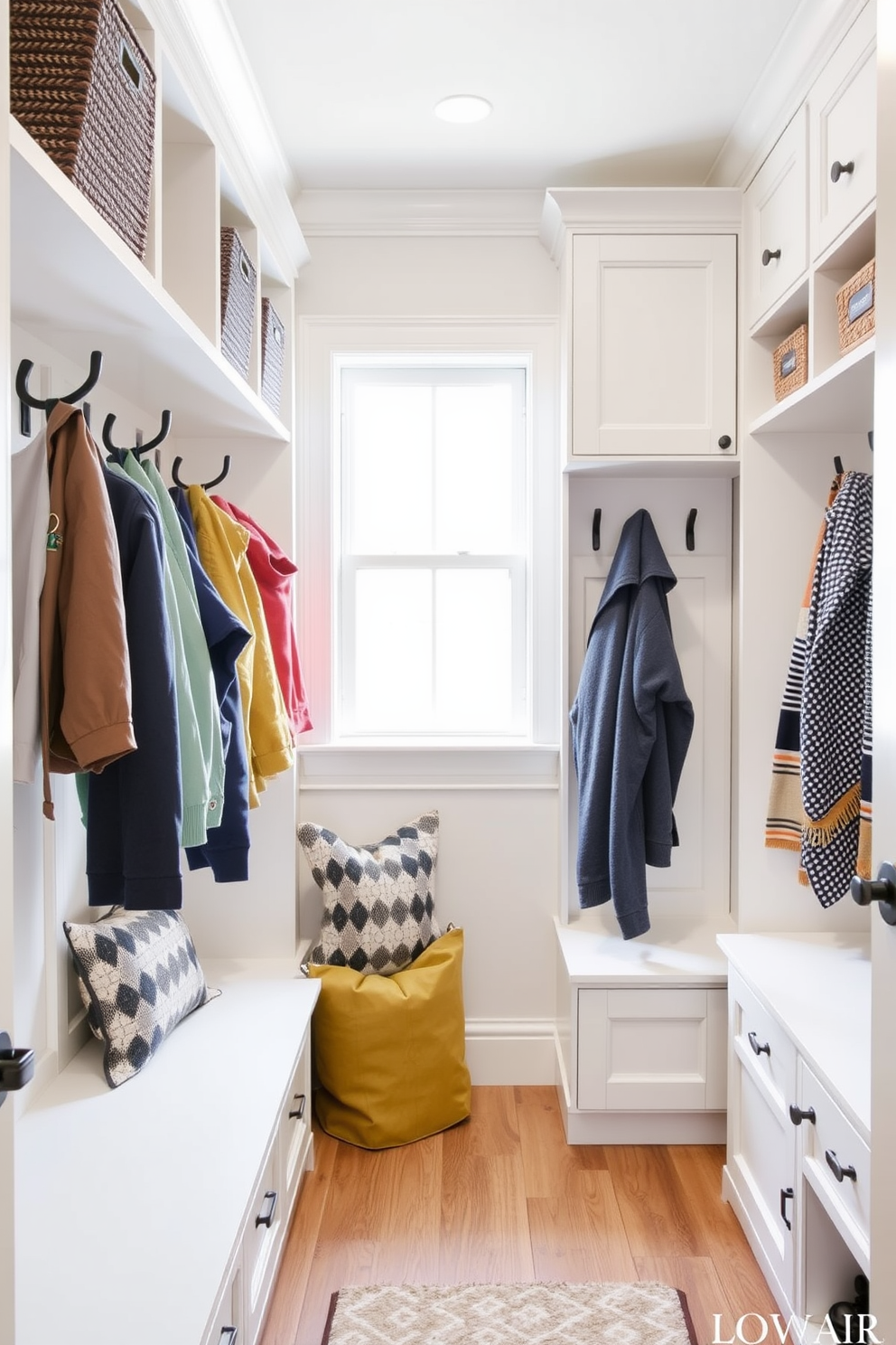 A stylish mudroom closet features personalized name tags hanging on hooks for each family member. The space is organized with built-in benches and storage compartments, showcasing a blend of functionality and aesthetic appeal.