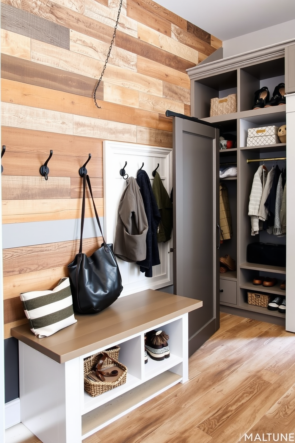 A textured wall adds depth and character to the mudroom, featuring a mix of reclaimed wood and painted panels for visual contrast. The space includes a built-in bench with storage underneath, complemented by hooks for hanging coats and bags. Incorporate a stylish yet functional closet with sliding doors that blend seamlessly into the wall design. Use a combination of open shelving and closed cabinets to keep the area organized while maintaining an inviting aesthetic.