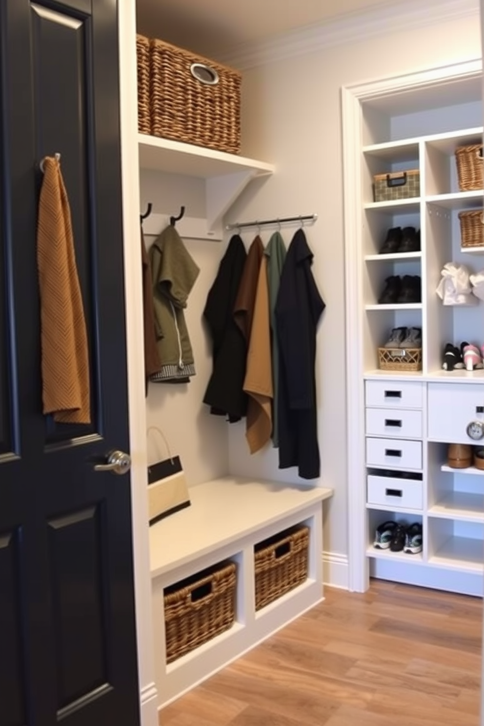 A stylish mudroom featuring multi-use furniture that maximizes space and functionality. The design includes a built-in bench with storage underneath and hooks above for coats, creating an organized and welcoming entryway. The closet design incorporates modular shelving and baskets for easy access to shoes and accessories. A combination of open and closed storage options enhances versatility while maintaining a clean and cohesive look.