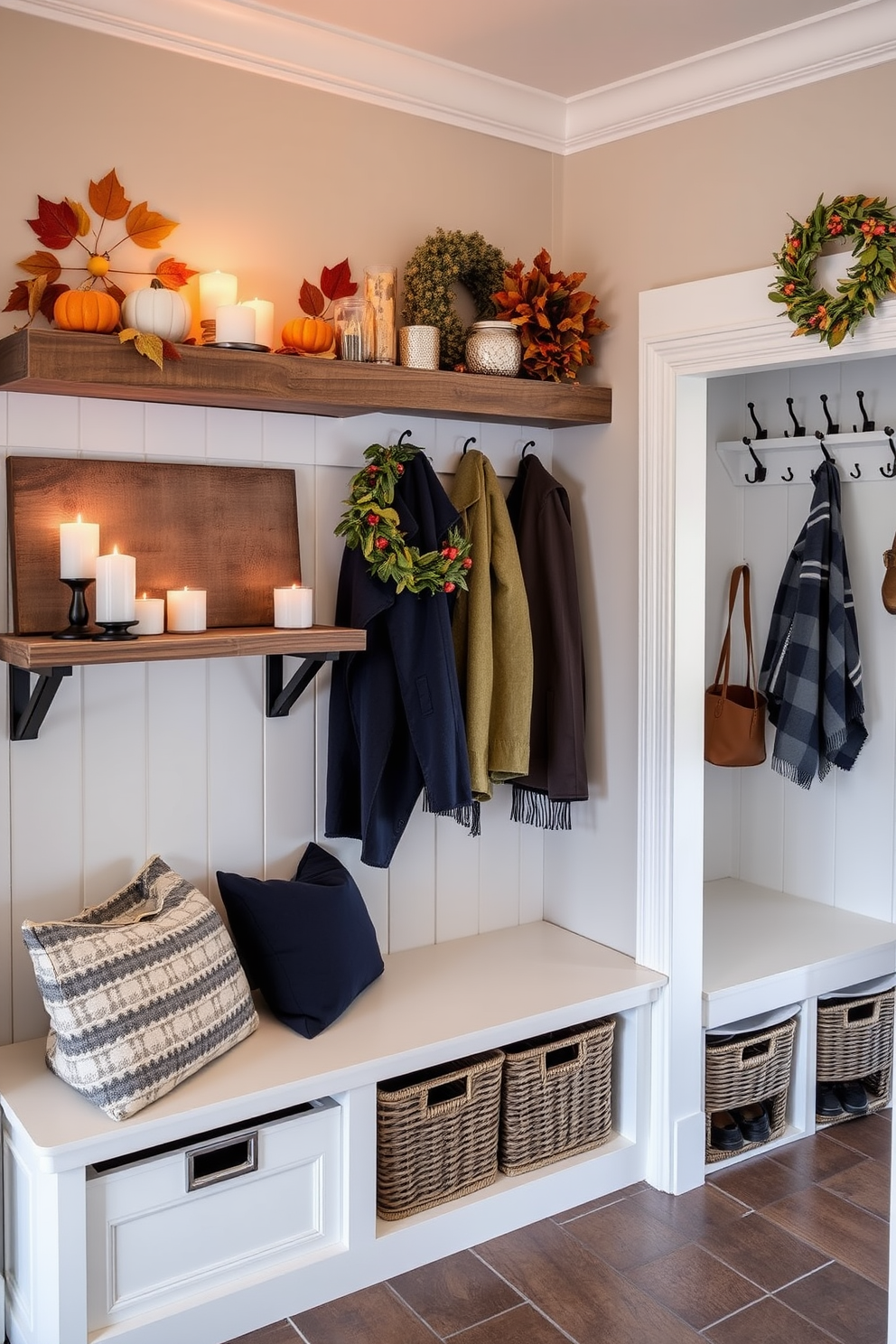 A cozy seasonal decor display area features a rustic wooden shelf adorned with pumpkins and autumn leaves. Soft, warm lighting highlights a collection of decorative candles and seasonal wreaths, creating an inviting atmosphere. The mudroom closet design includes built-in benches with storage underneath and hooks for coats. A stylish color palette of navy blue and white adds a modern touch, while baskets organize shoes and accessories neatly.