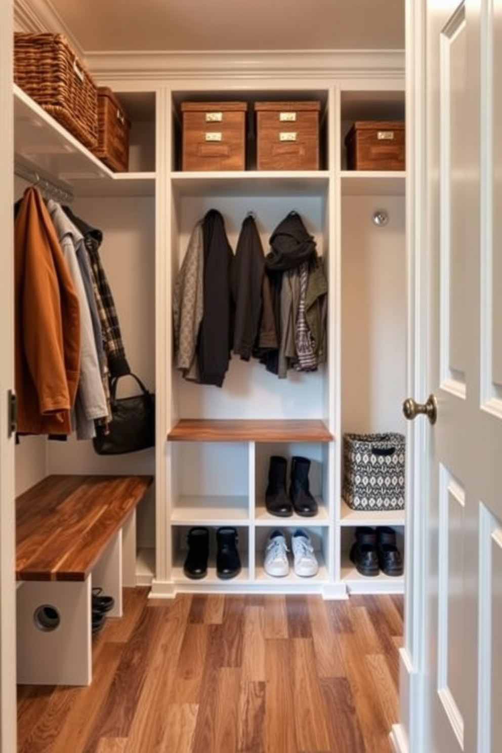 A functional mudroom closet featuring durable flooring designed to withstand high traffic. The space includes built-in storage solutions with hooks for coats and cubbies for shoes, all set against a backdrop of warm, inviting colors.