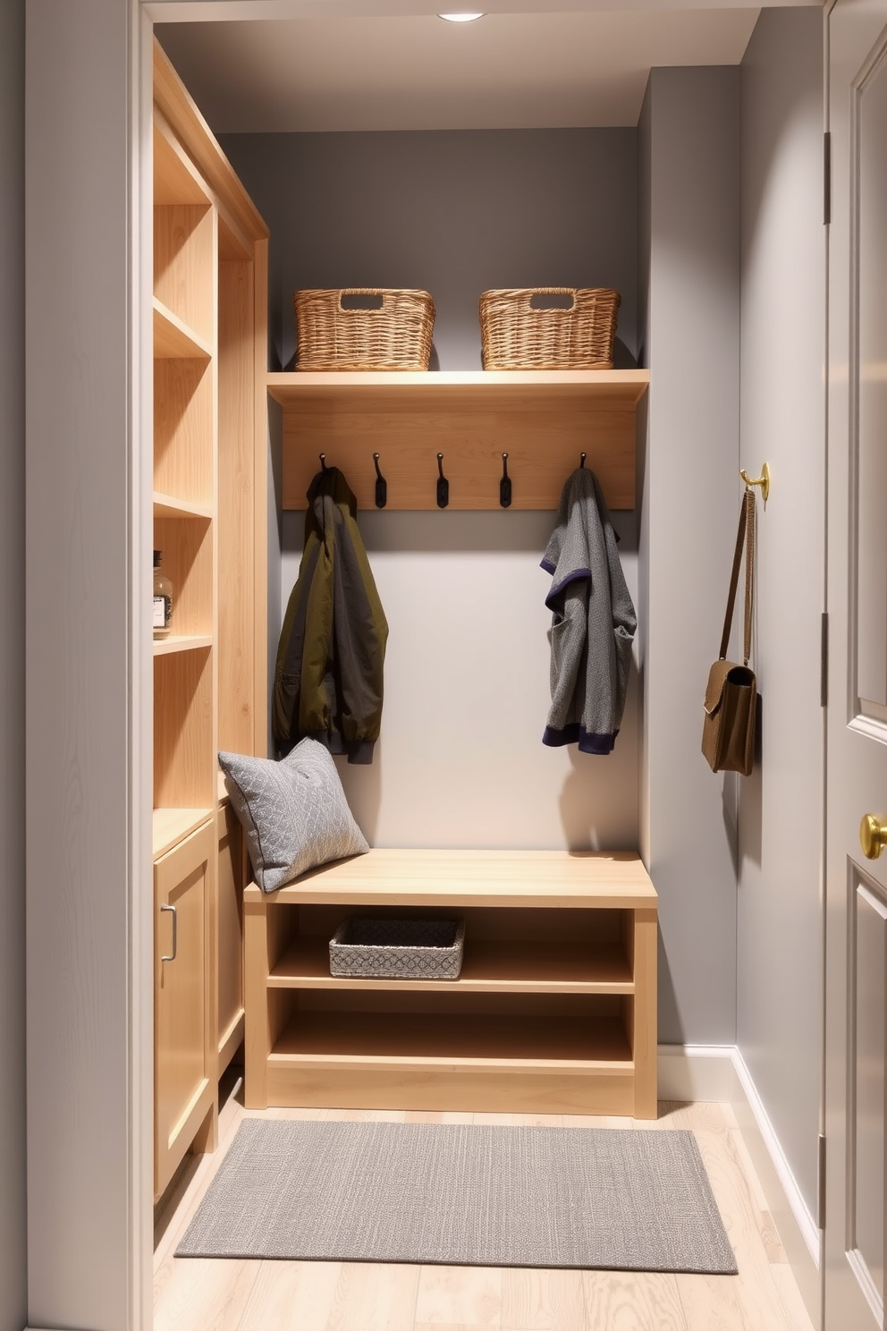 A compact mudroom closet design that maximizes storage while maintaining a clean aesthetic. Features include built-in shelving, a bench for seating, and hooks for coats, all in a light wood finish. The walls are painted in a soft gray to create a bright and airy feel. A small area rug adds warmth, and decorative baskets are placed on the shelves for organization.