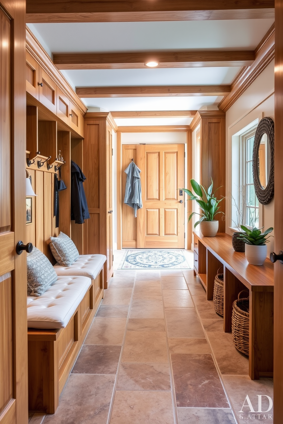 A welcoming mudroom featuring natural wood accents that create a warm and inviting atmosphere. The space includes built-in benches with plush cushions and a series of hooks for coats, all framed by beautiful wooden cabinetry. The floor is covered with durable tile that mimics the look of natural stone, providing both style and practicality. Soft lighting illuminates the area, highlighting decorative elements like potted plants and woven baskets for storage.