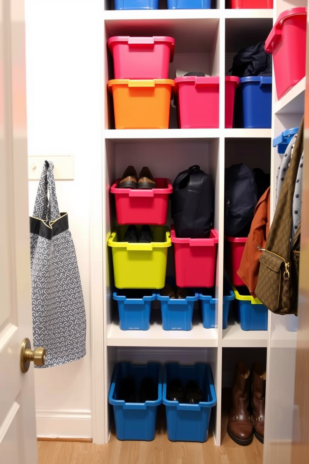 A well-organized mudroom closet featuring color-coordinated storage bins in various sizes. The bins are neatly arranged on shelves, creating a vibrant and inviting atmosphere while providing easy access to shoes, bags, and outdoor gear.