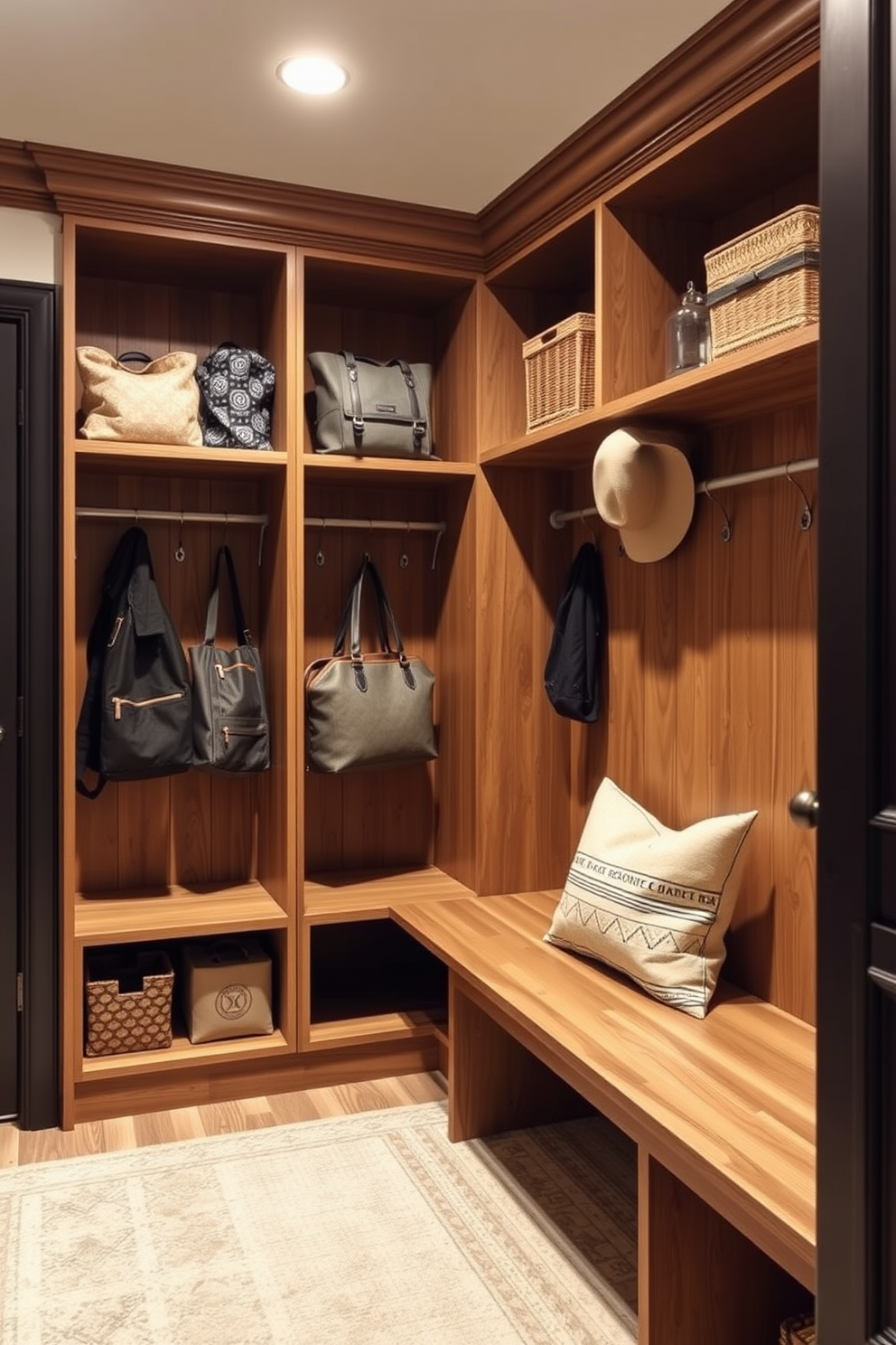 A stylish mudroom closet featuring built-in shelves designed specifically for storing bags and hats. The shelves are crafted from natural wood and are complemented by a cozy bench for seating, creating an inviting entryway space.