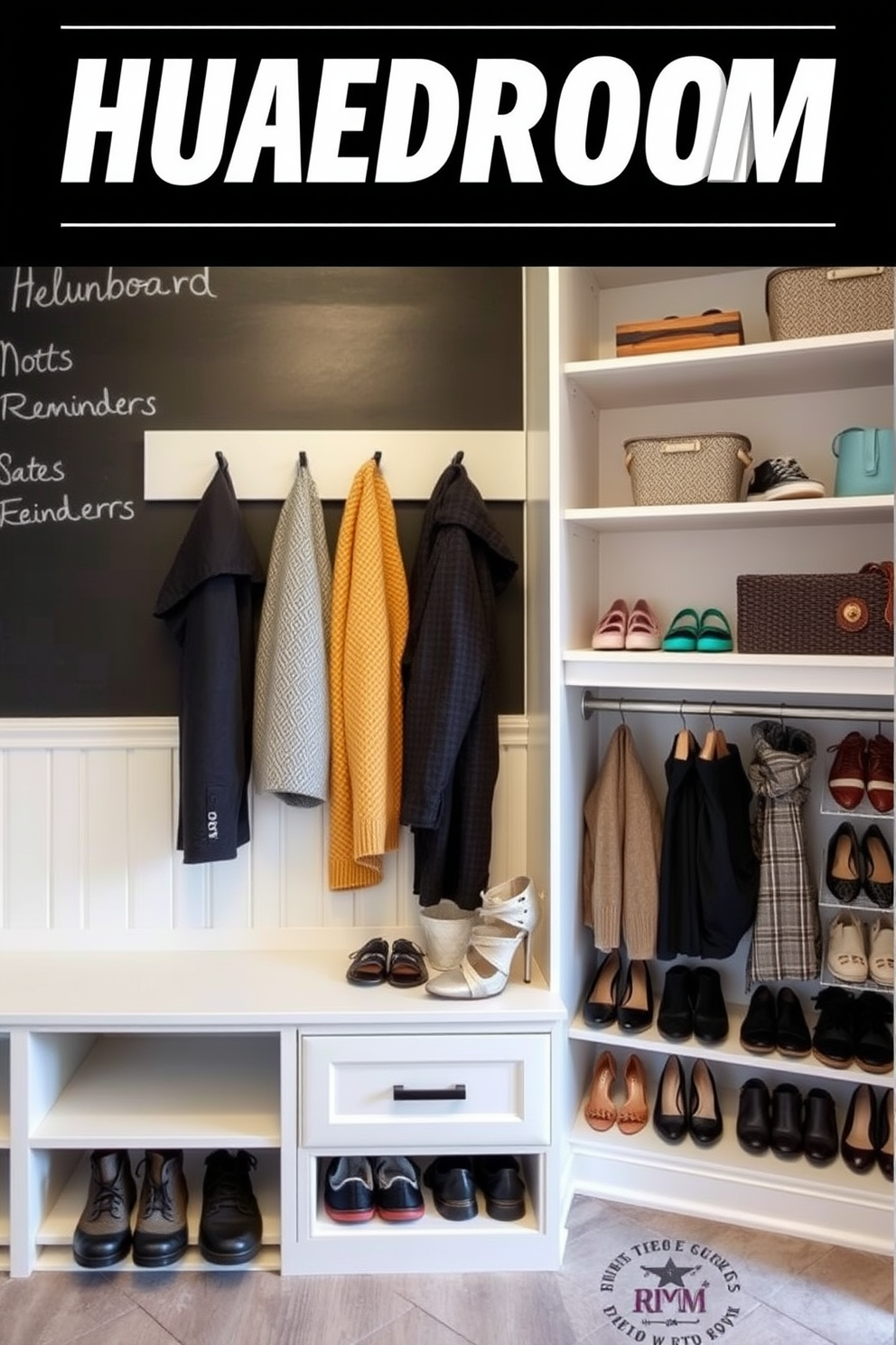 A functional mudroom featuring a large chalkboard wall for notes and reminders. The space includes hooks for coats and a bench with storage underneath for shoes and bags. A stylish mudroom closet with built-in shelving for organizing shoes and accessories. The design incorporates a mix of open and closed storage to keep the area tidy and functional.