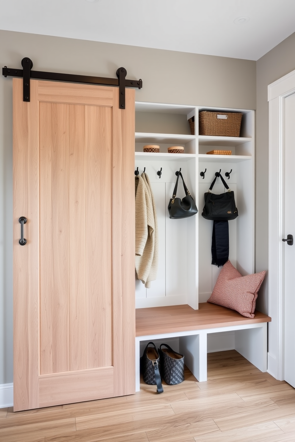 A stylish mudroom featuring a sliding barn door that maximizes space efficiency. The closet is designed with built-in shelving and hooks for coats and bags, complemented by a bench for convenience.