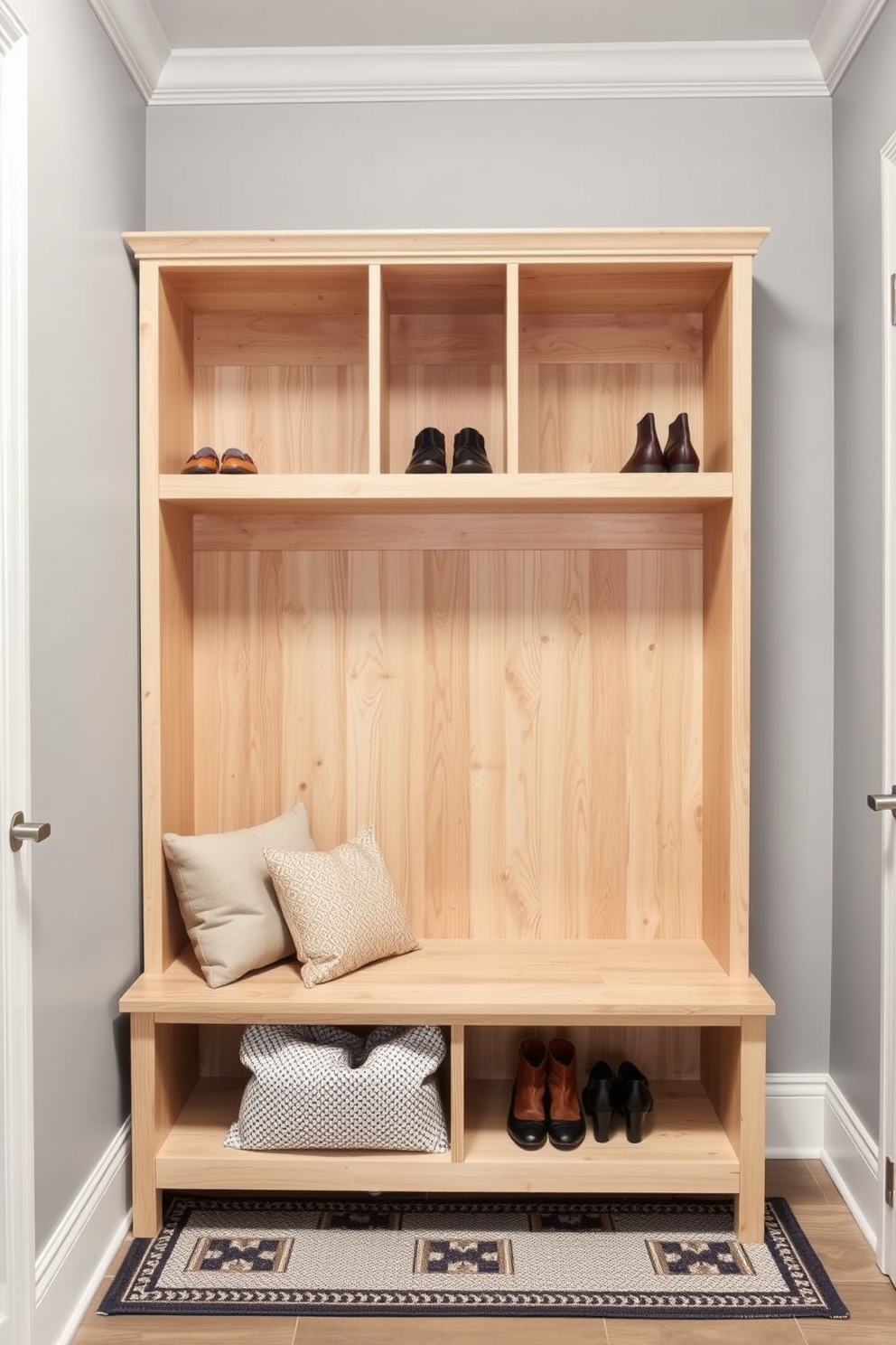 A functional mudroom closet featuring cubbies for organized shoe storage. The cubbies are crafted from light wood and have a clean, minimalist design, providing ample space for various shoe sizes. The walls are painted in a soft gray tone, creating a calm atmosphere. A bench is placed below the cubbies, adorned with cushions for comfort and a small area rug adds warmth to the space.