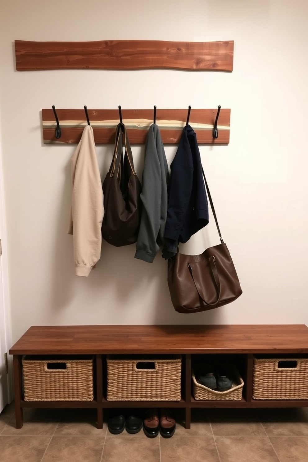 A functional mudroom features a wall-mounted coat rack made of reclaimed wood, providing ample space for hanging jackets and bags. Below the rack, woven baskets are neatly arranged to store shoes and outdoor gear, adding a touch of warmth and organization to the space.