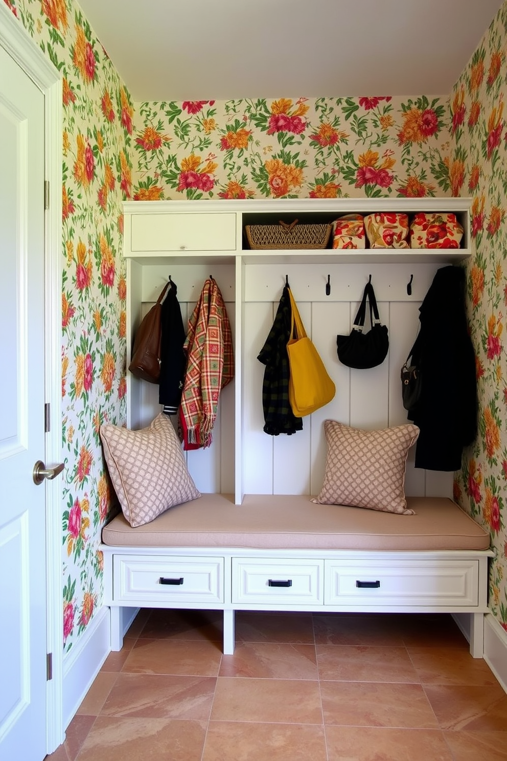 Bright wallpaper in a mudroom creates a cheerful and inviting atmosphere. The walls are adorned with a colorful floral pattern, while the flooring features durable tiles that can withstand heavy traffic. The mudroom includes a spacious closet with built-in shelves and hooks for coats and bags. A bench with plush cushions provides a comfortable spot to sit while putting on or taking off shoes.