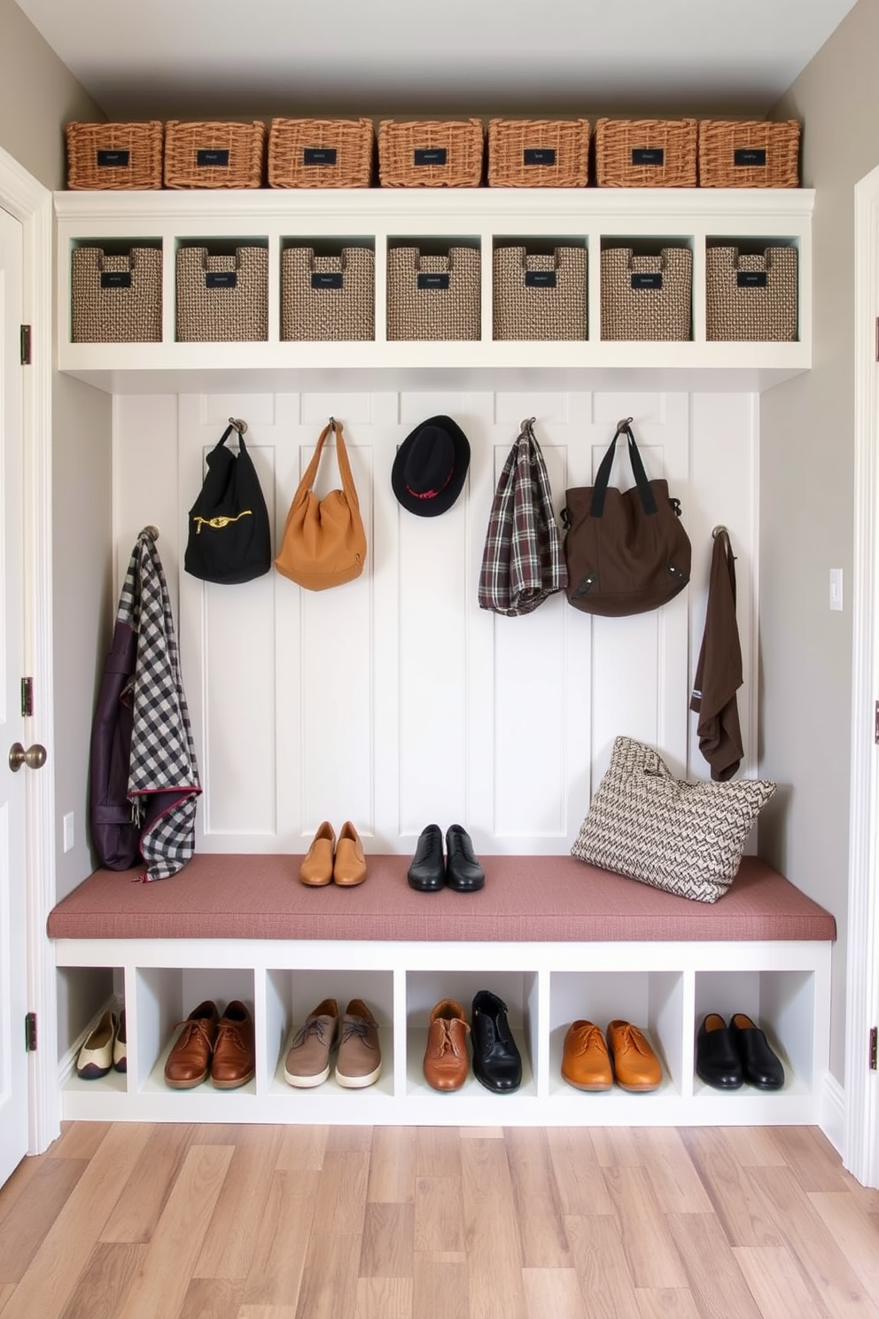 A welcoming mudroom featuring built-in cubbies with ample storage space for shoes and bags. The bench seating is upholstered in a durable fabric, providing comfort while allowing for easy access to the cubbies above.