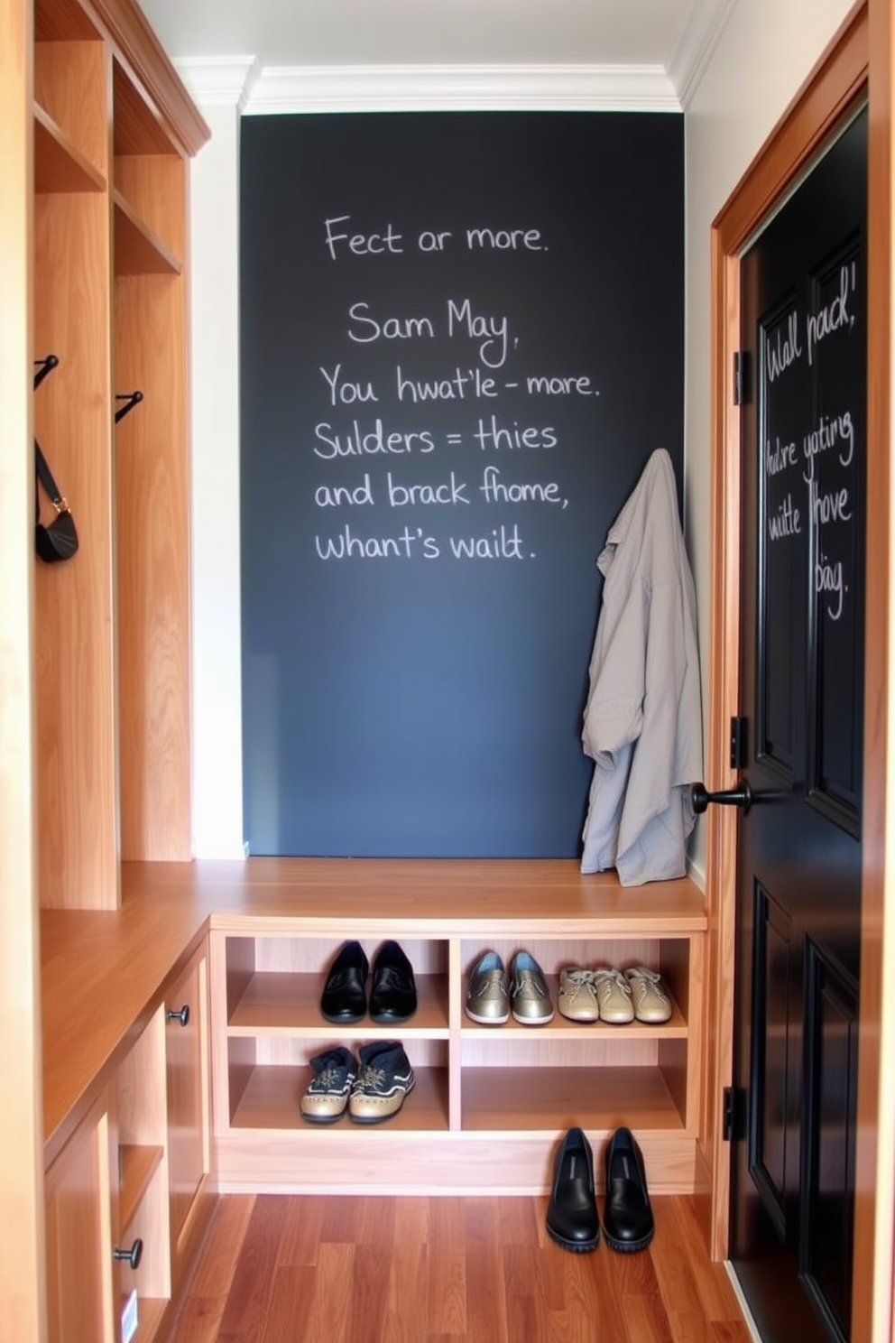 A cozy mudroom featuring a chalkboard wall for family messages. The space includes built-in cubbies with hooks for coats and storage for shoes, all in a warm wood finish. The chalkboard wall is painted in a matte black, providing ample space for notes and reminders. Soft lighting illuminates the area, creating an inviting atmosphere for family members as they enter the home.