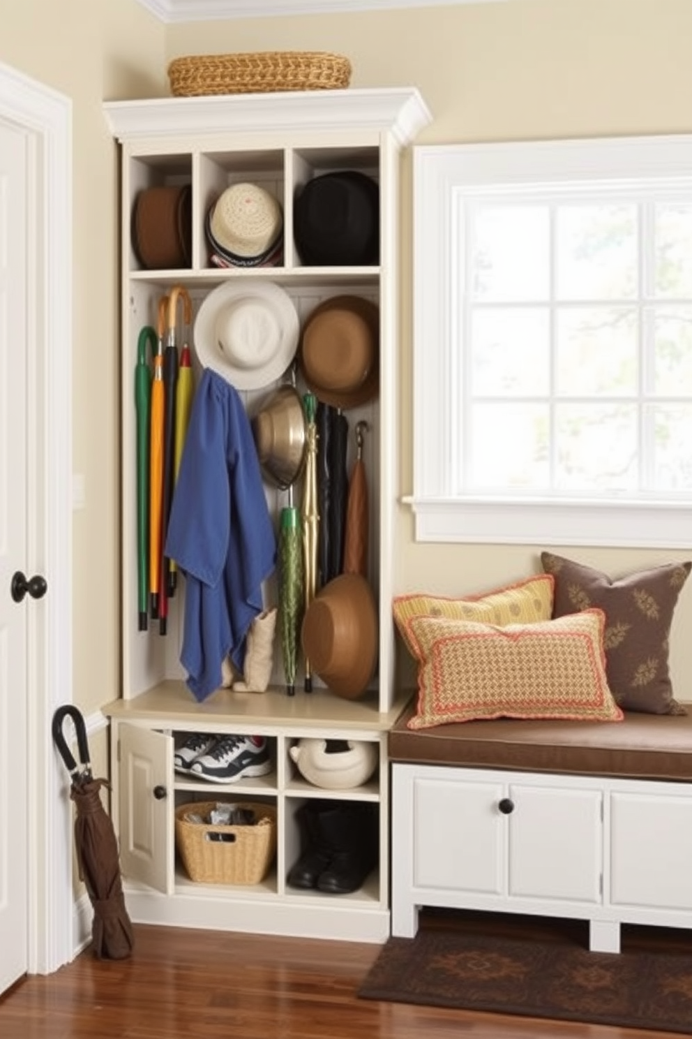 Create a functional mudroom design featuring vertical storage solutions for umbrellas and hats. The space includes a tall, narrow cabinet with compartments for organizing various items, complemented by a bench for seating and a durable floor mat.