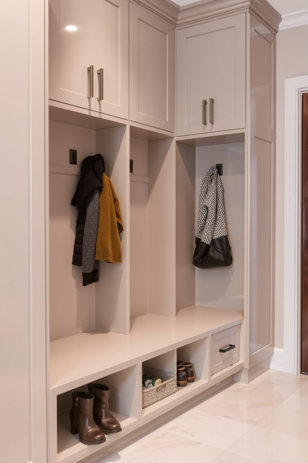 Custom cabinetry for a sleek look. The cabinetry features clean lines and a glossy finish, providing ample storage while enhancing the modern aesthetic of the space. Mudroom cubby design ideas. The cubbies are designed with built-in benches and hooks, creating an organized and functional area for coats and shoes while adding a touch of style to the entryway.