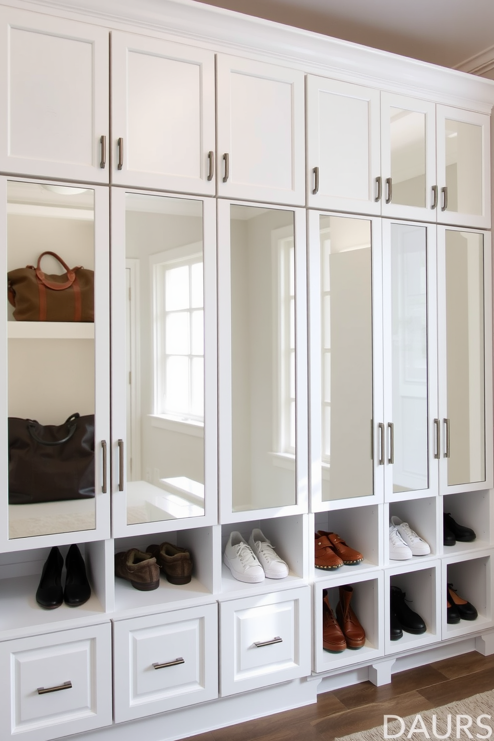 A mudroom features a series of cubbies with mirrored cabinet doors that reflect natural light, creating a bright and airy atmosphere. Each cubby is designed with ample storage space for shoes, bags, and outdoor gear, ensuring a clutter-free entryway.