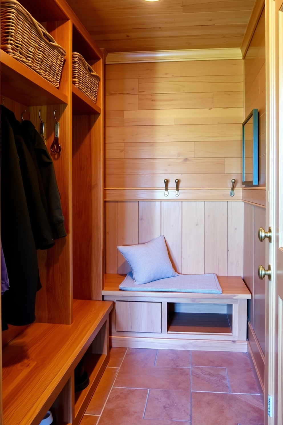 A cozy mudroom featuring natural wood finishes that create a warm and inviting atmosphere. The space includes built-in cubbies with hooks for coats and baskets for storage, all crafted from rich, textured wood. The floor is adorned with durable tile that complements the wood tones, while a bench provides a comfortable spot for putting on shoes. Soft lighting highlights the functional design, making the mudroom both practical and aesthetically pleasing.