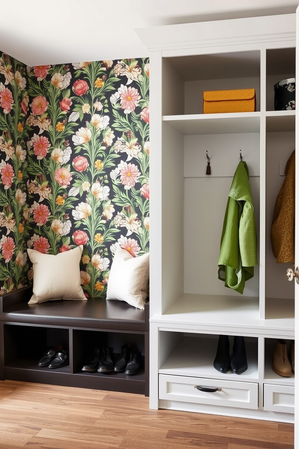 Decorative wallpaper featuring a bold botanical print adorns the walls, creating an inviting and vibrant atmosphere. The wallpaper is complemented by a sleek bench with plush cushions, providing a comfortable spot to sit and remove shoes. The mudroom features custom cubbies designed with a mix of open and closed storage options, allowing for organization and style. Each cubby is equipped with hooks for coats and bags, while the base includes drawers for storing shoes and outdoor gear.