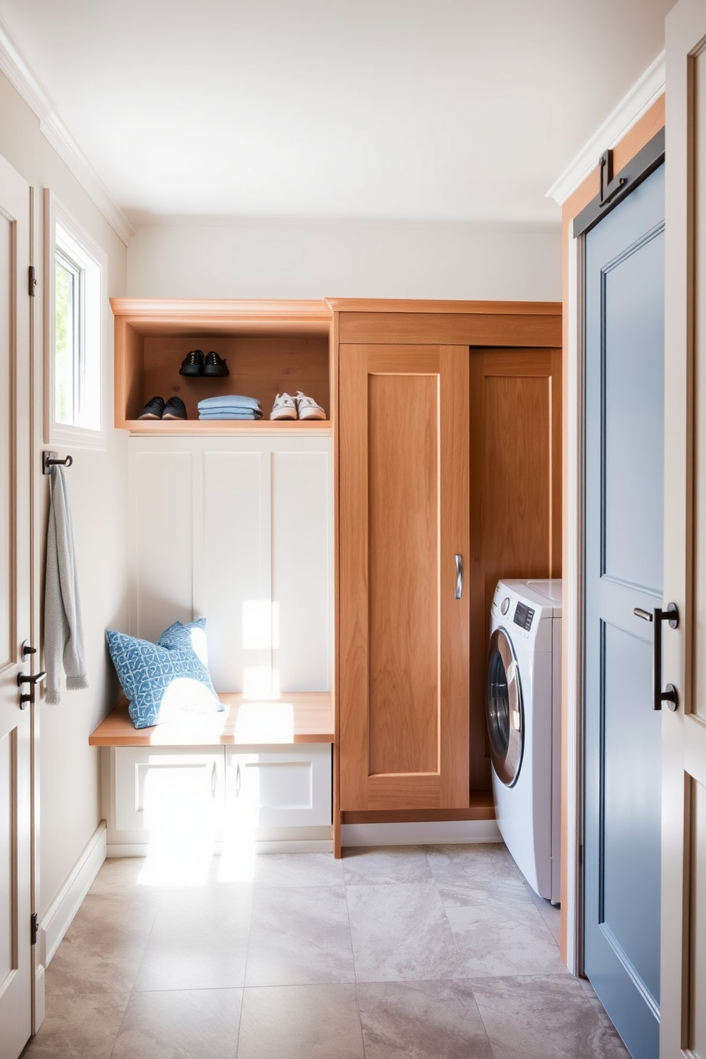 A stylish mudroom features a dedicated laundry area seamlessly integrated into the design. The space includes a built-in bench with storage cubbies above for shoes and bags, while the laundry area boasts a compact washer and dryer tucked behind elegant sliding doors. Natural light streams in through a window, illuminating the warm wood tones and soft blue accents throughout the room. The floor is adorned with durable tile that complements the overall aesthetic, creating a functional yet inviting atmosphere.