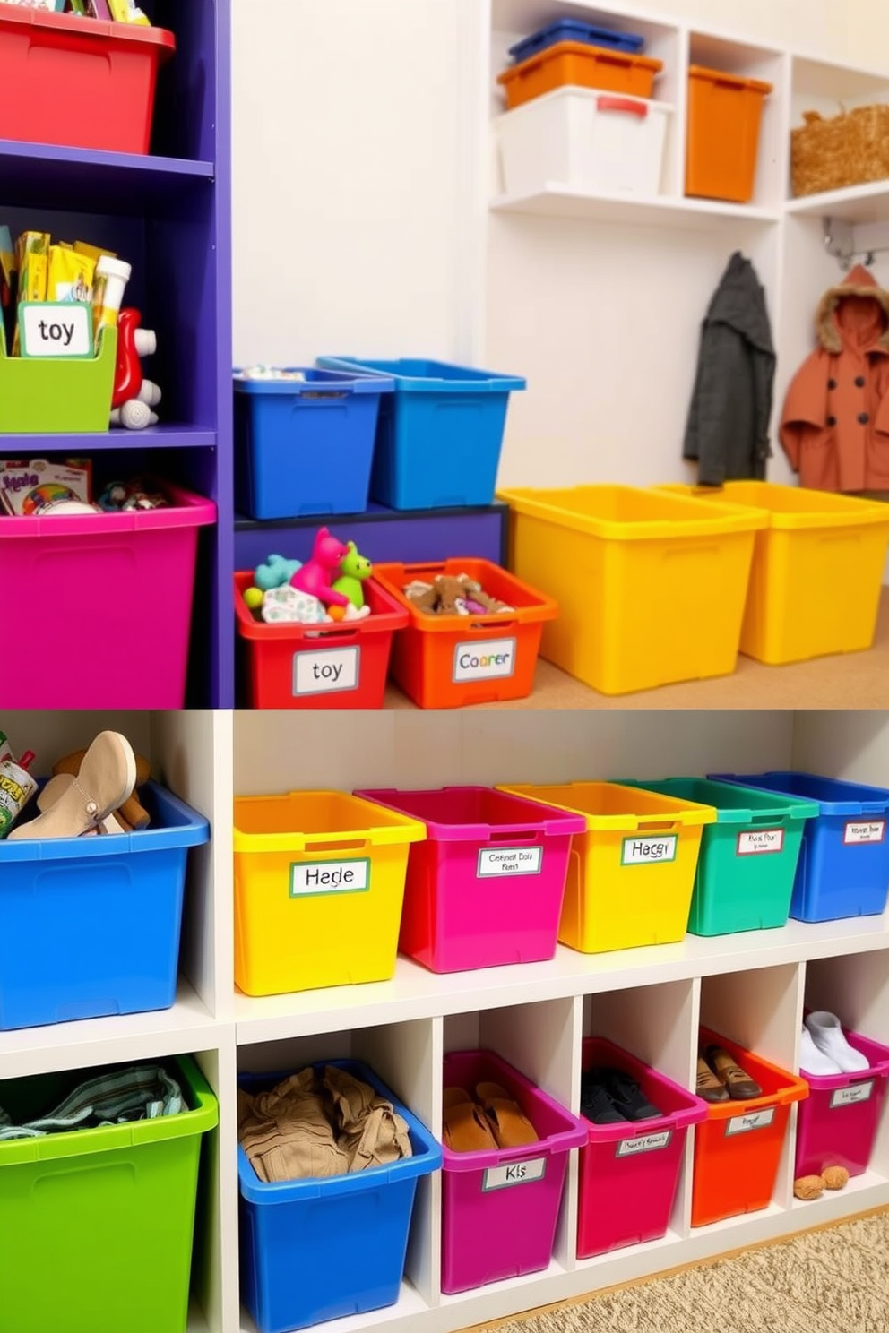 Colorful storage bins for kids toys are arranged in a bright and cheerful playroom. Each bin is labeled with fun graphics, making it easy for children to identify their contents. The mudroom features a functional cubby design with individual sections for coats and shoes. Each cubby is painted in a different vibrant color, adding a playful touch to the entryway while keeping the space organized.