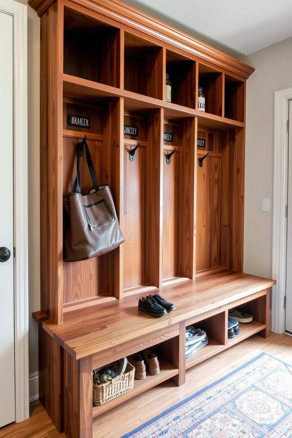 A welcoming mudroom features a spacious entryway bench made of reclaimed wood, providing ample seating and storage for shoes and bags. Above the bench, a series of cubbies with personalized labels offer organized space for each family member's belongings, enhancing both functionality and style.