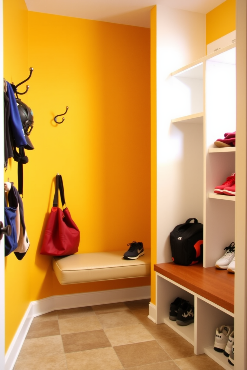 A functional mudroom featuring hooks and shelves specifically designed for sports equipment. The walls are painted a bright, welcoming color, and the floor is covered with durable, easy-to-clean tiles. On one side, there are sturdy hooks for hanging helmets and bags, while the opposite wall showcases open shelves for storing shoes and gear. Beneath the shelves, a comfortable bench provides a convenient spot for putting on or taking off sports shoes.