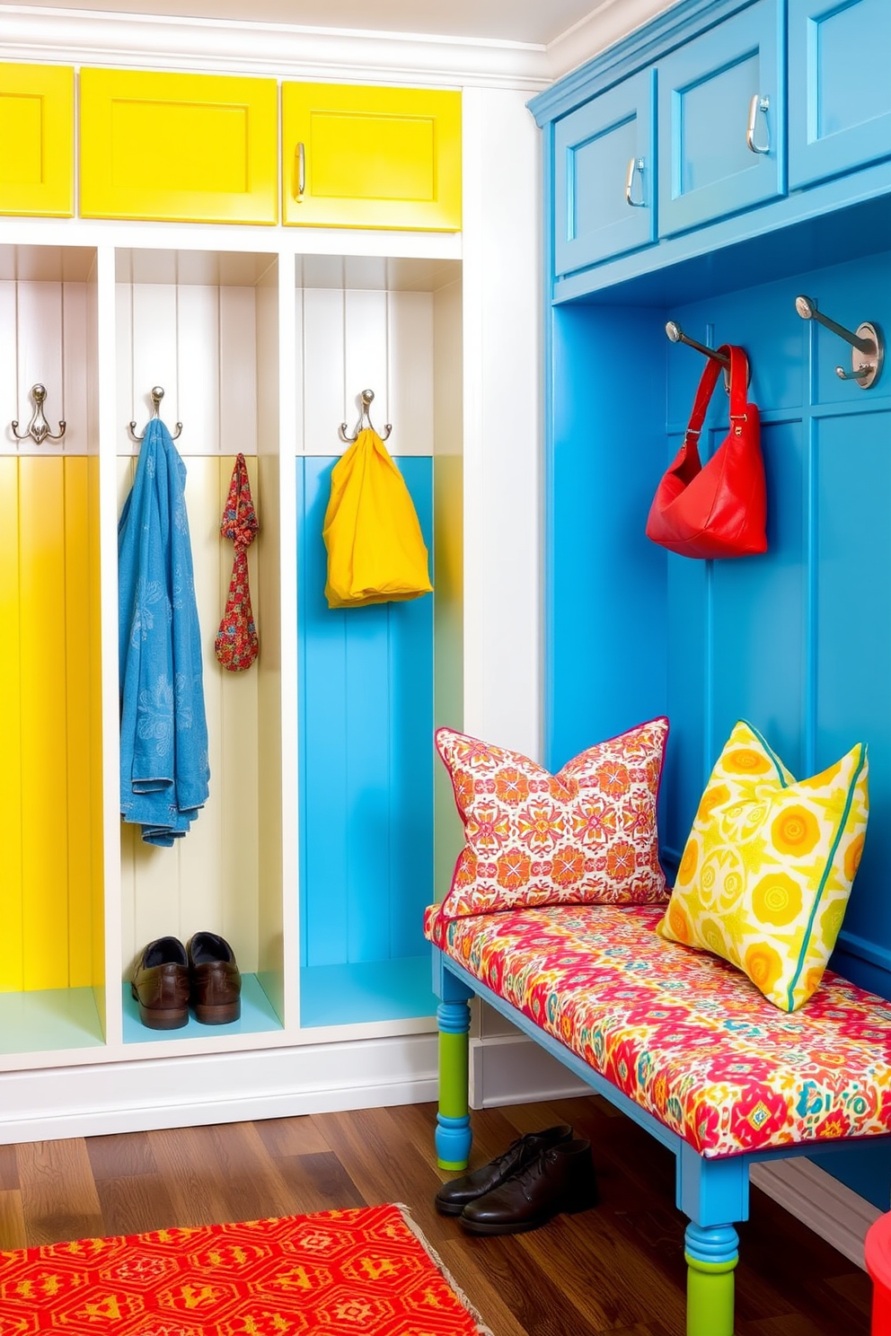 A vibrant mudroom filled with bright colors to energize the space. The cubbies are painted in cheerful hues like sunny yellow and sky blue, providing a lively contrast to the white walls. Each cubby features personalized hooks for coats and bags, adding a playful touch to the design. A colorful bench with patterned cushions invites family and friends to sit while they remove their shoes.