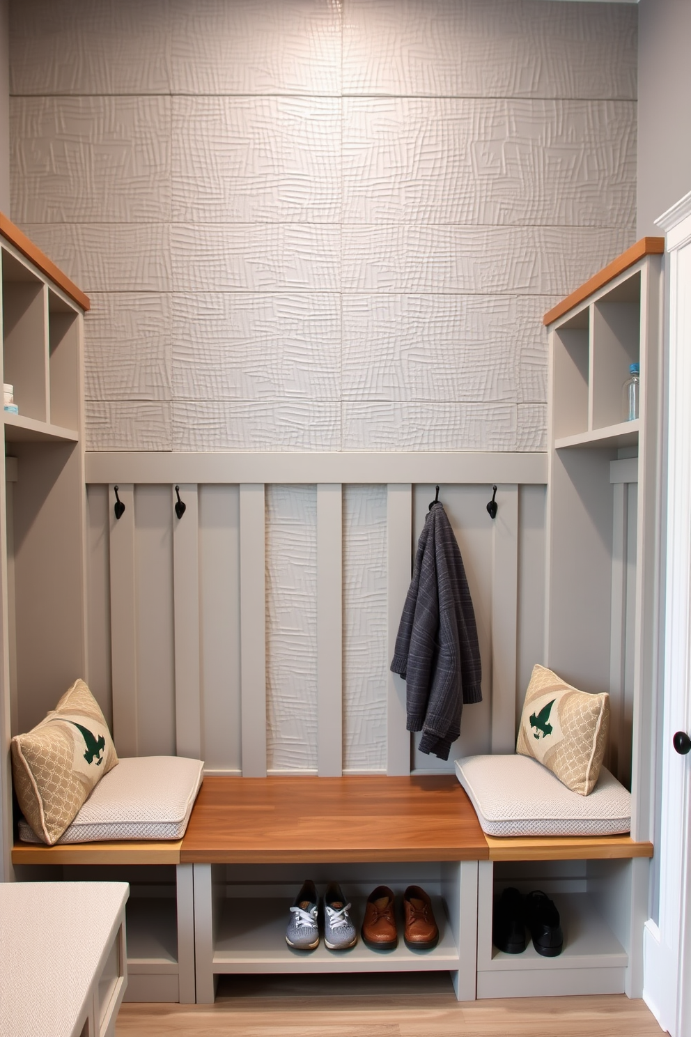 Textured wall panels create a striking focal point in the mudroom, adding depth and character to the space. The panels are painted in a soft gray tone, complemented by warm wooden accents for a cohesive look. The mudroom features built-in cubbies with ample storage for shoes and jackets, designed with a combination of open and closed compartments. Each cubby is adorned with stylish hooks and a cushioned bench for convenience and comfort.