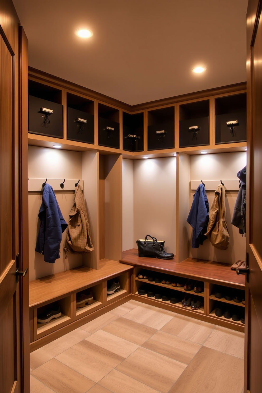 A functional mudroom featuring integrated lighting that enhances visibility and creates a warm atmosphere. The design includes built-in cubbies with hooks for coats and shelves for shoes, all illuminated by recessed lighting above.