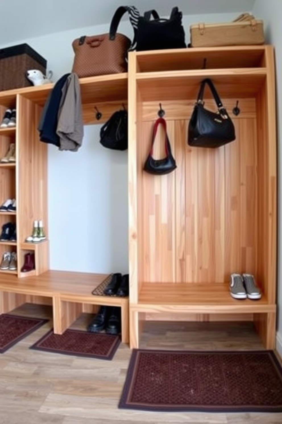 A functional mudroom featuring a stylish cubby design with ample storage for shoes and outdoor gear. The floor is equipped with durable floor mats designed for mud and water control, ensuring cleanliness and organization. The cubbies are crafted from natural wood with a warm finish, providing a welcoming and rustic feel. Above the cubbies, hooks are installed for hanging coats and bags, enhancing the practicality of the space.