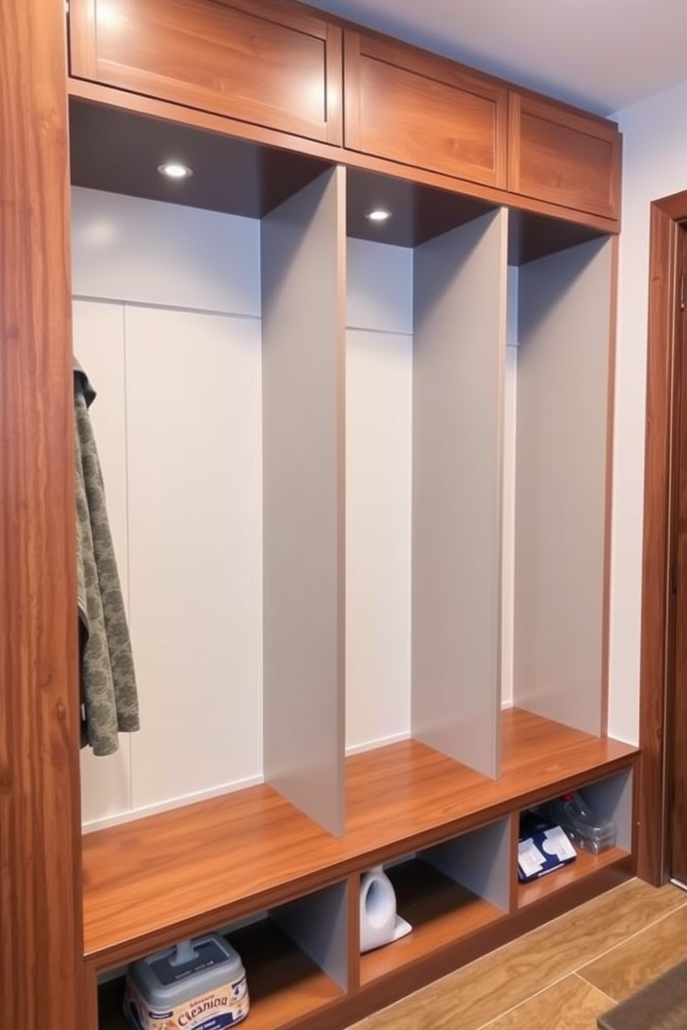 A functional mudroom featuring built-in cubbies for hidden storage of cleaning supplies. Each cubby is designed with a sleek wooden finish and includes a small bench for convenience, ensuring a tidy and organized space.